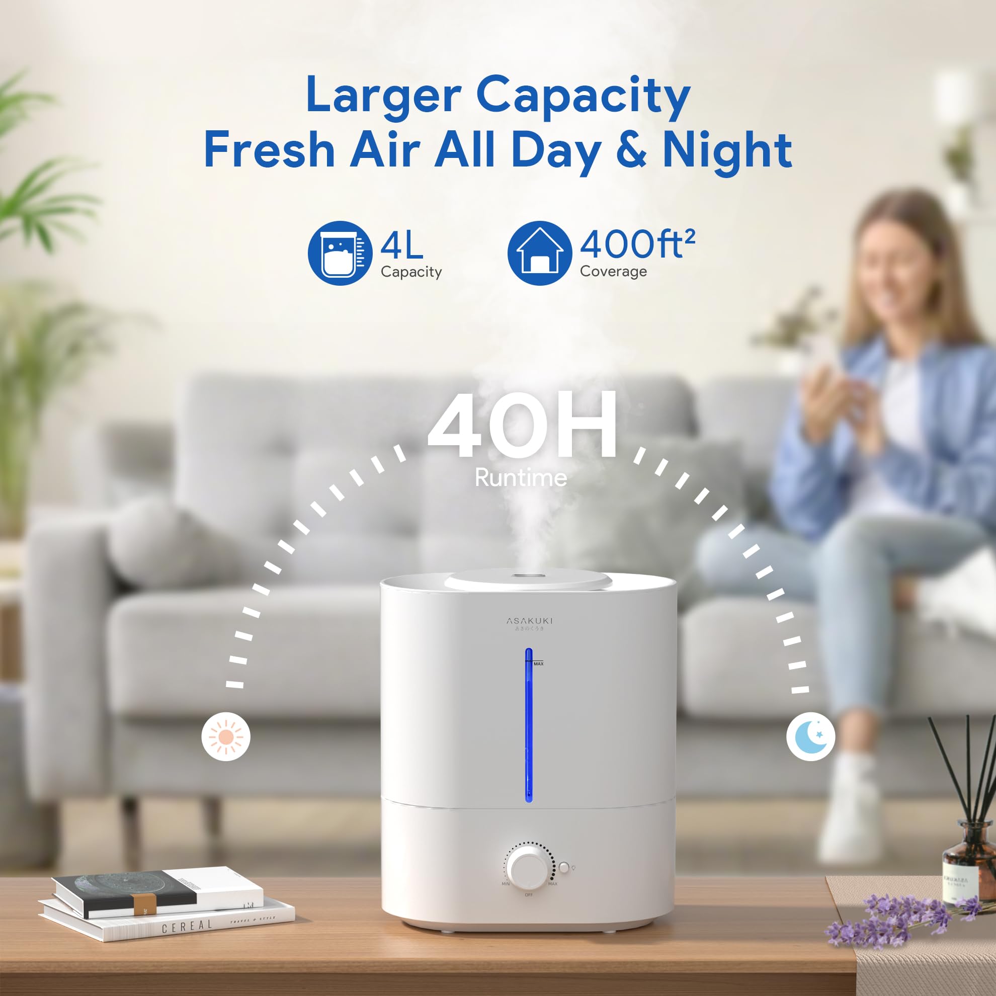 Asakuki Cool Mist Humidifiers For Bedroom Home, 4L Top Fill Humidifier Large Room For Baby Nursery & Plants, Quiet Room Humidifi