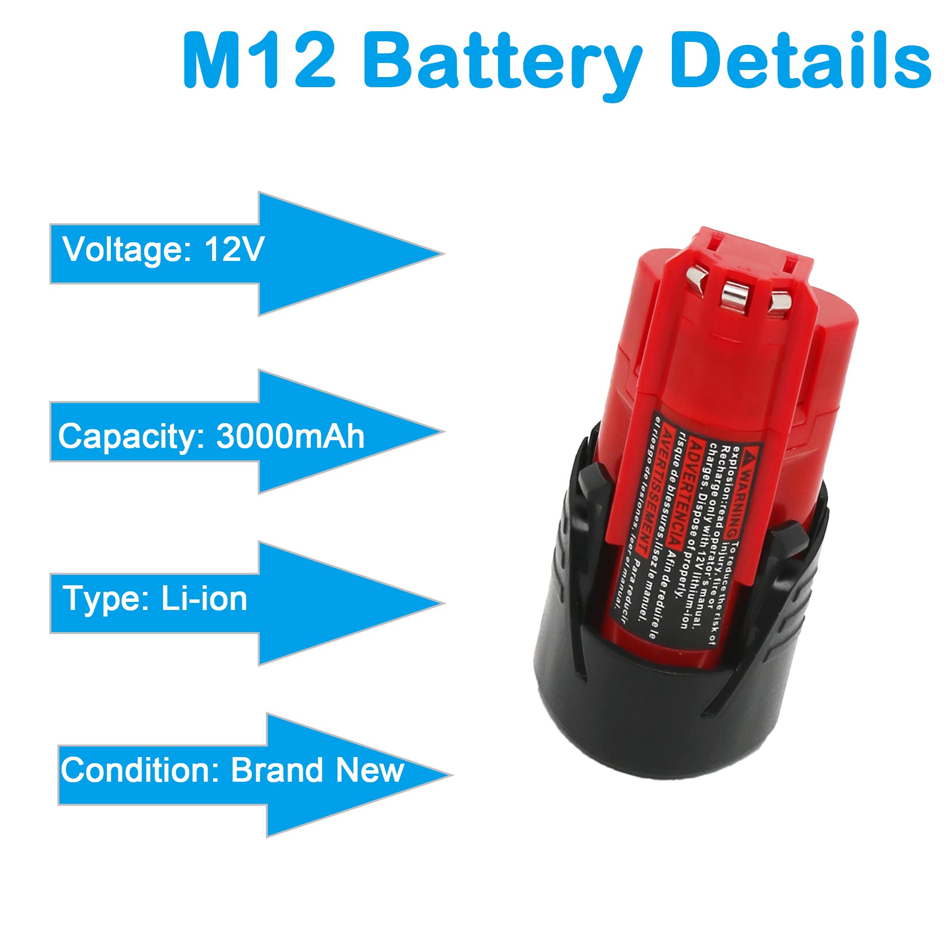 Volt1799 2 Pack 3.0Ah Replacement M12 Batteries And Rapid Charger For Milwaukee 12V Tools