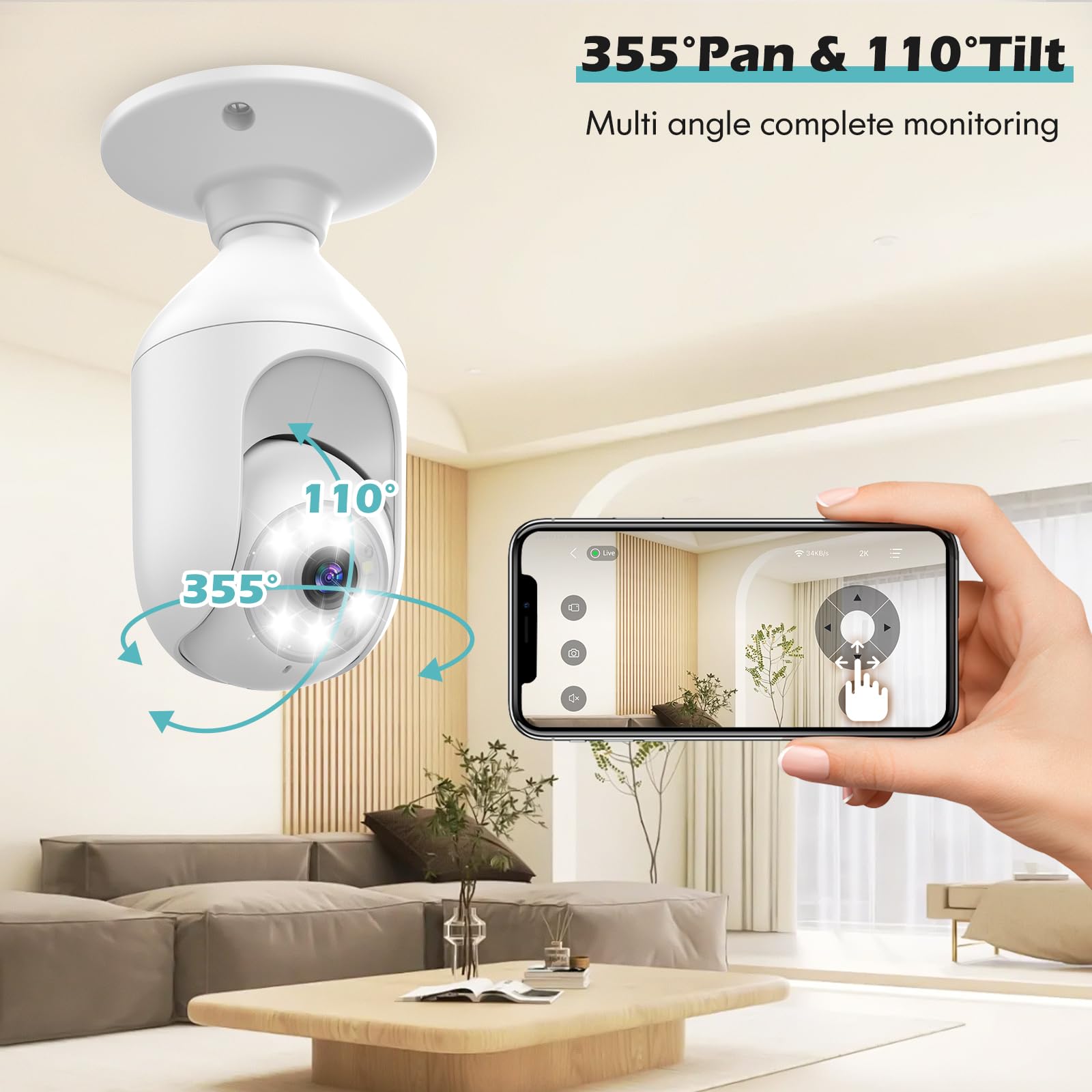 Recacam 2Packs 2K Bulb Security Cameras Wireless Outdoor Indoor, 2.4Ghz Wifi Cameras For Home Security With Spotlight, Color Nig