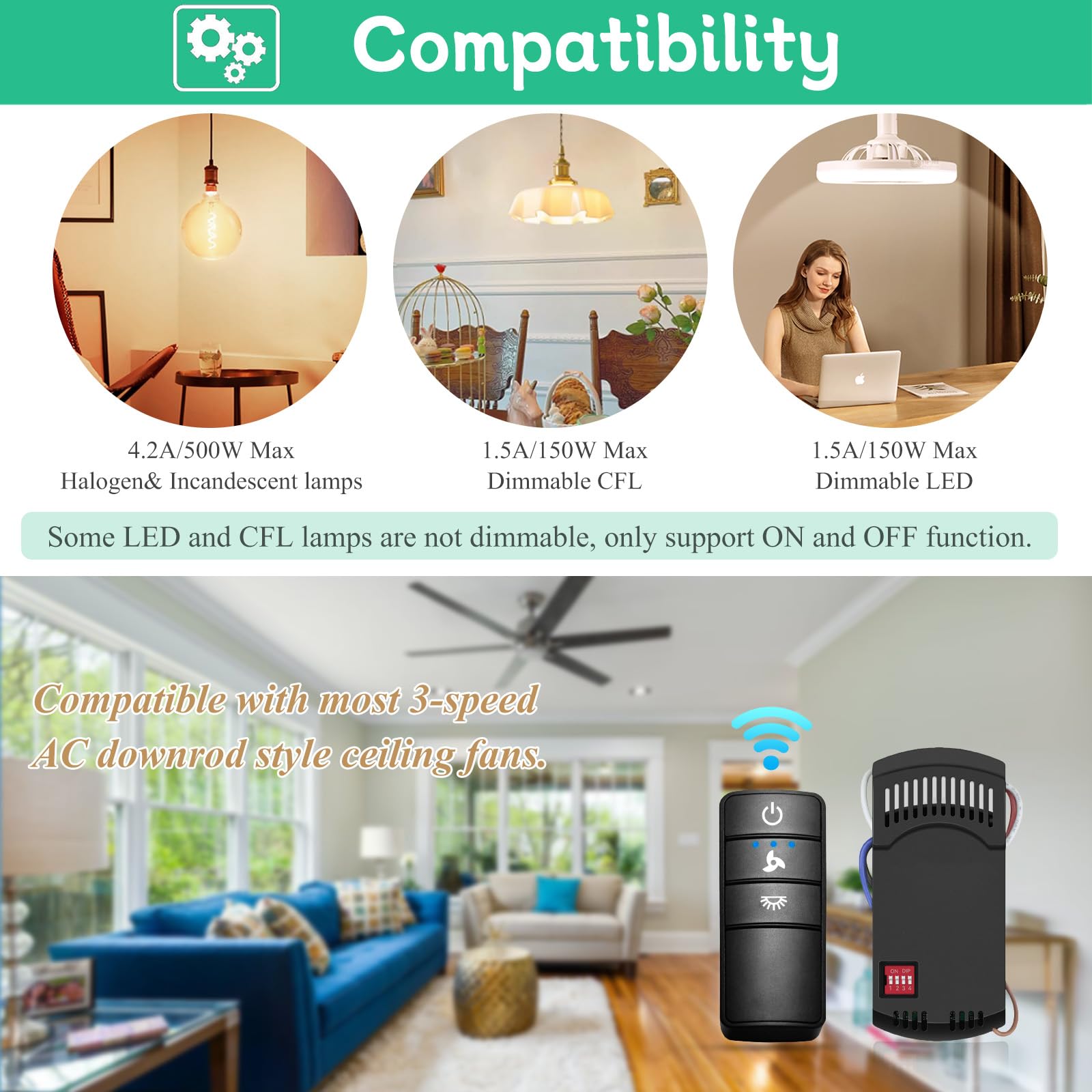 Hampton Bay Ceiling Fan Remote, Universal Ceiling Fan Remote Control Kit, 3-Speed, Light Dimmer, Time Delay, Replacement For Ham