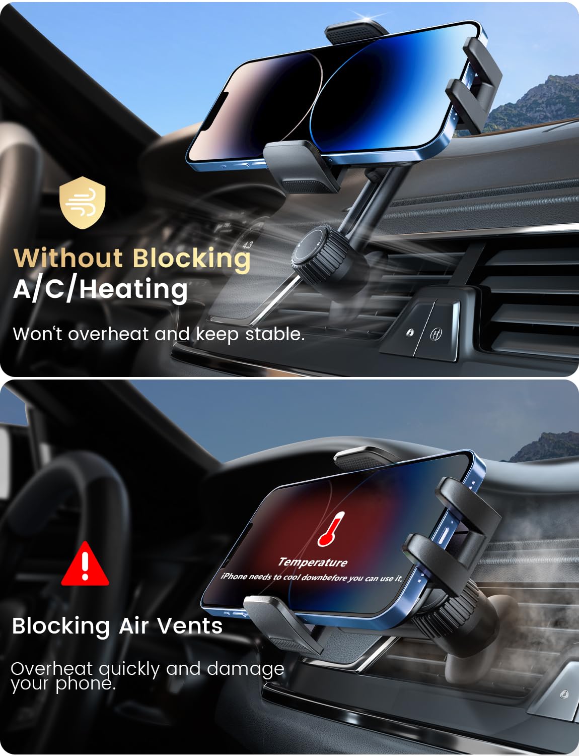 Holdersafe Phone Holders For Your Car: [Never Blocking] Air Vent Cell Phones Mount For Iphone & Samsung Android Smartphone [Thic