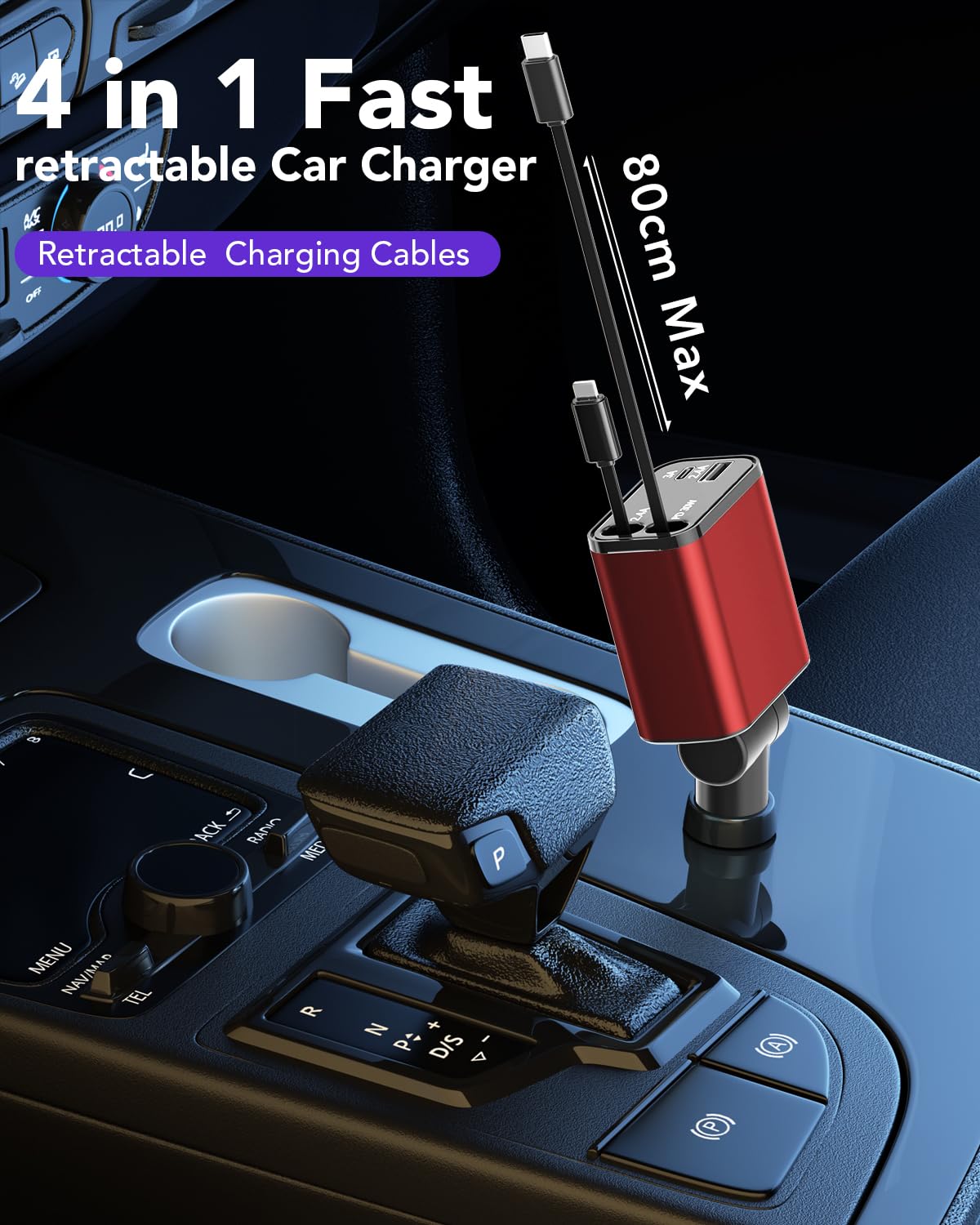 Retractable Car Charger 4 In 1, Compatible With Iphone 16 Car Charger Fast Charging, Type C Retractable Fast Car Charger, 69W Us