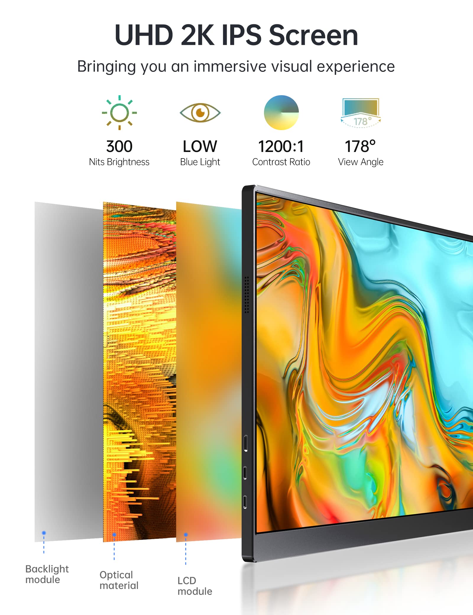 Forhelp 2K Portable Monitor 16Inch 2560X1600 Usb C Laptop Monitor Hdmi Computer Display Hdr Ips Gaming Screen W/Smart Cover & Du