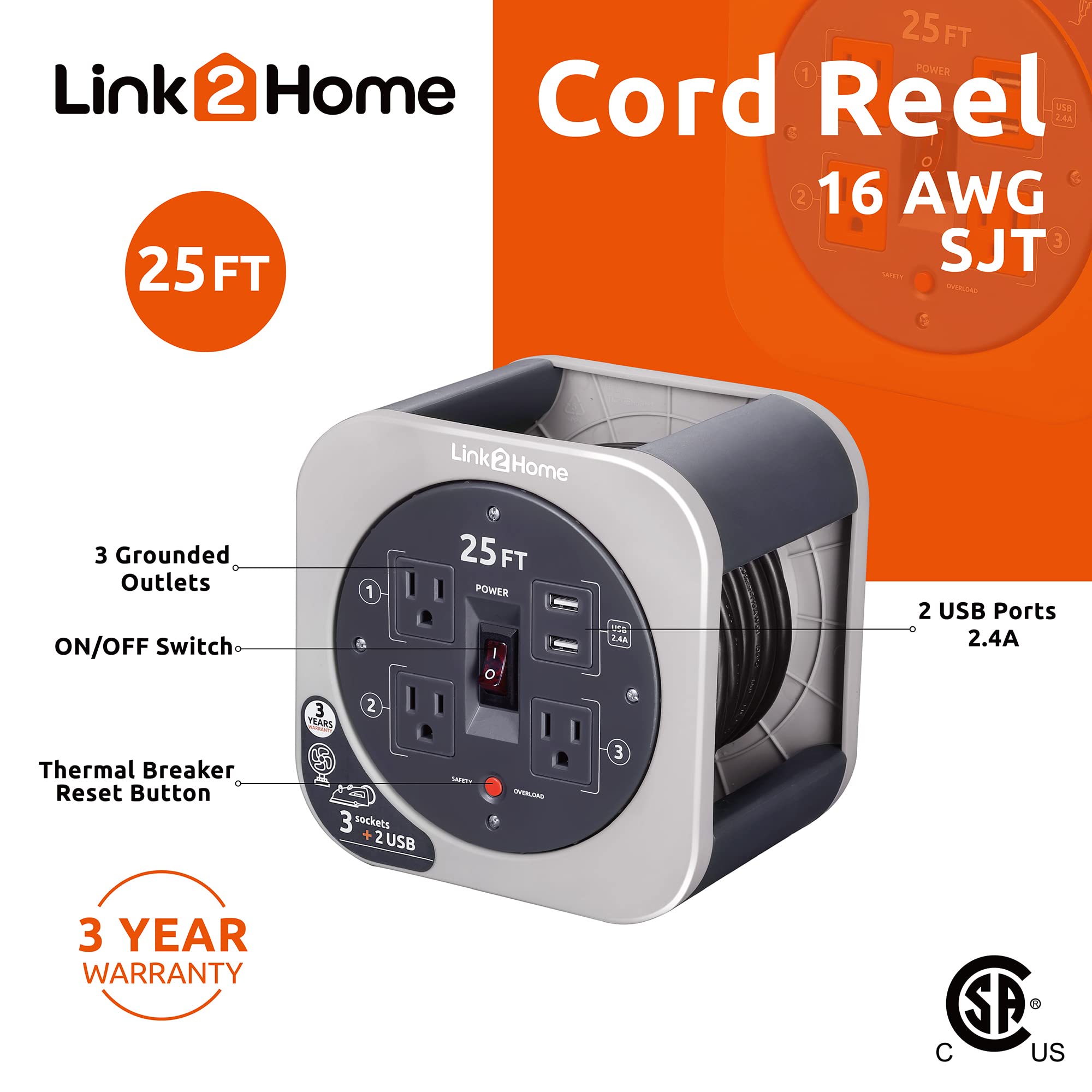 Link2Home 25 Ft. 16/3 Extension Cord Storage Reel With 3 Grounded Outlets 2 Usb 3.4 Amp And Overload Reset Button Em-El-275G