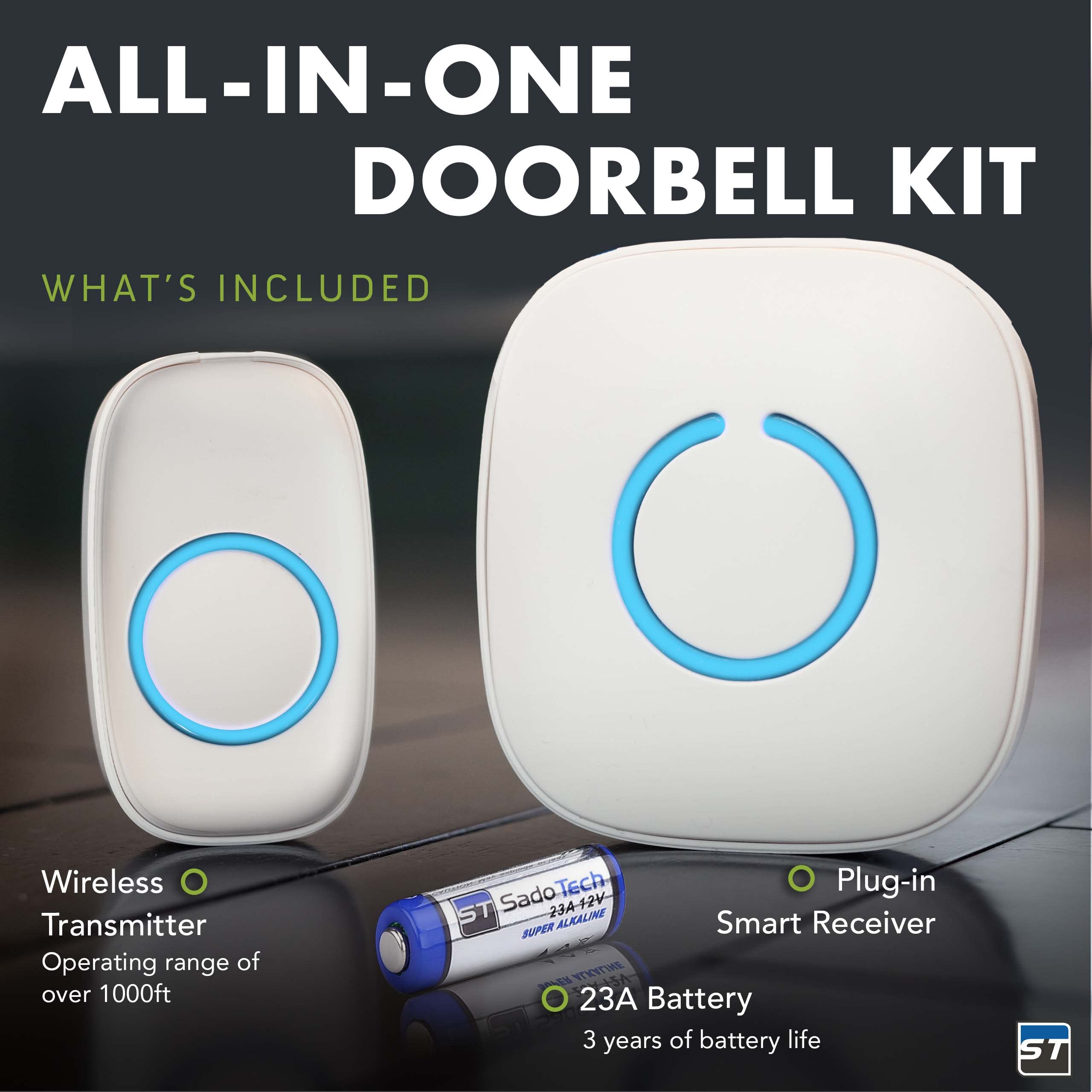 Sadotech Wireless Doorbells For Home, Apartments, Businesses, Classrooms, Etc.   1 Door Bell Ringer & 1 Plug In Chime Receiver,