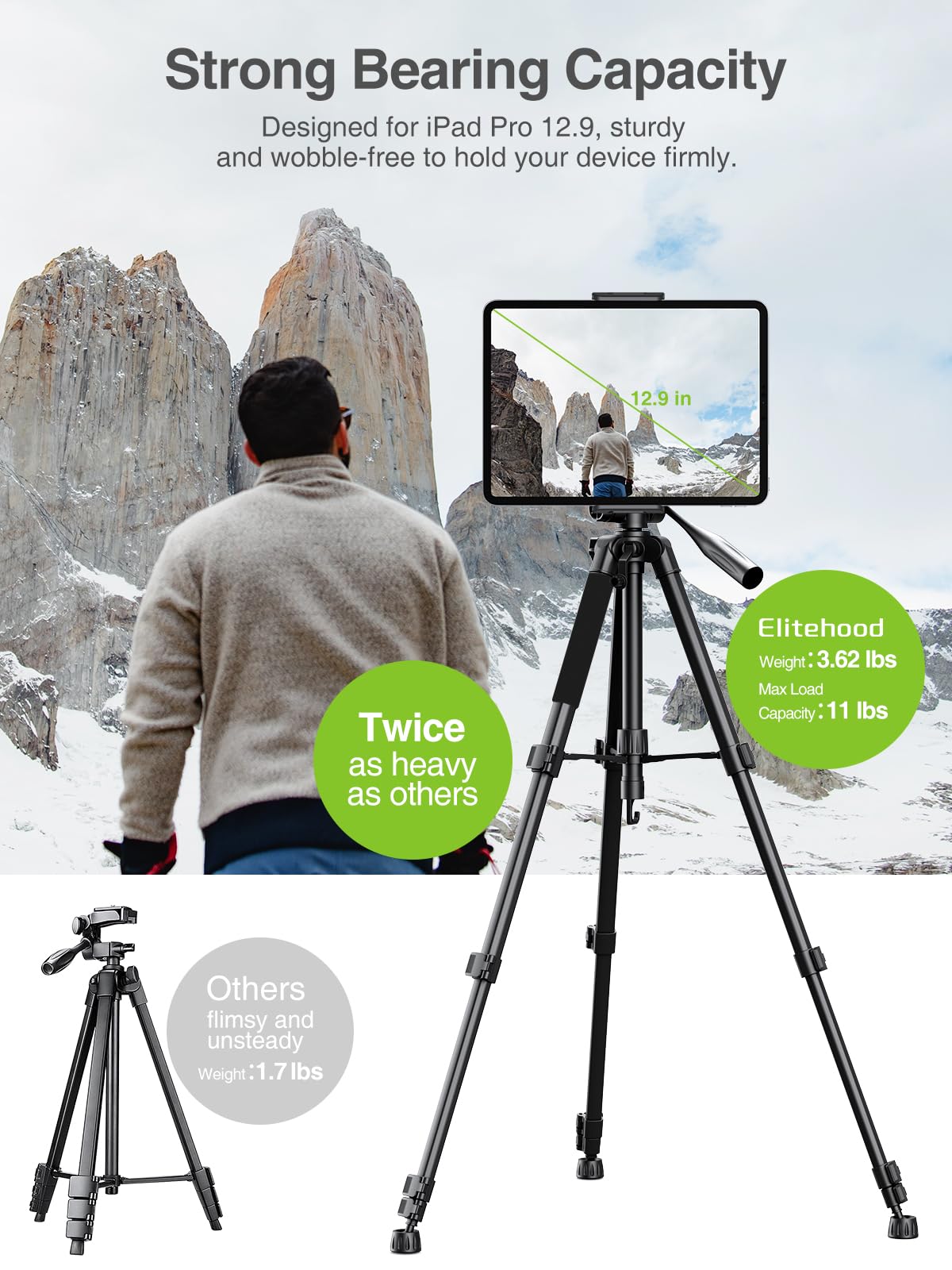 Elitehood 68 Heavy Duty iPad Tripod - Ultra-Stable Stand for iPad Pro 12.9, Tablets & DSLR, Perfect for Video Recording & Photography, Black