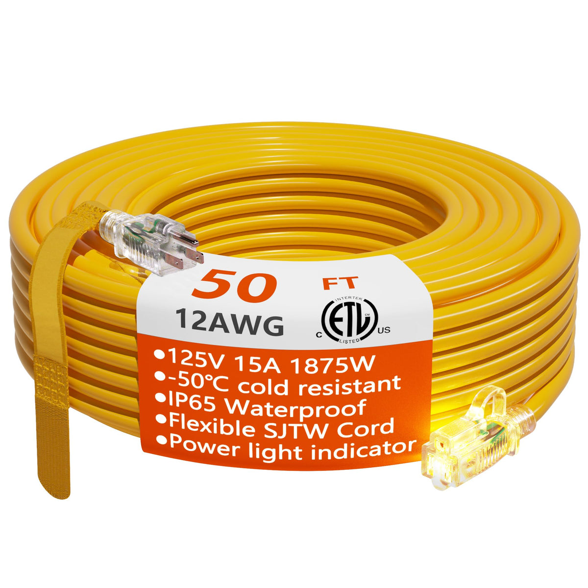 12/3 Gauge Heavy Duty Outdoor Extension Cord 50 Ft Waterproof With Lighted End, Flexible Cold Resistant 3 Prong Electric Cord Ou