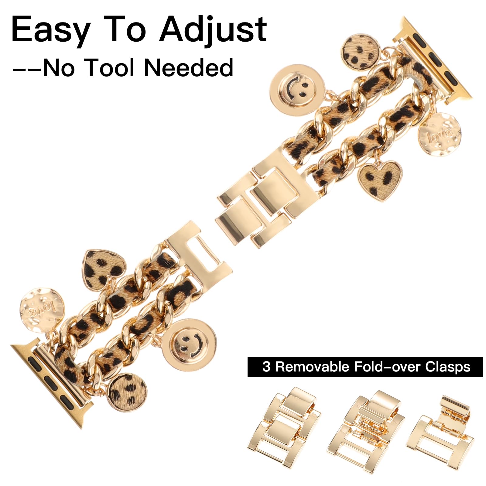 Realsign Stylish Metal Wristband Compatible With Apple Watch Band 38Mm 40Mm 41Mm,Cuban Chain Bracelet Leopard Love Smile Face Pe