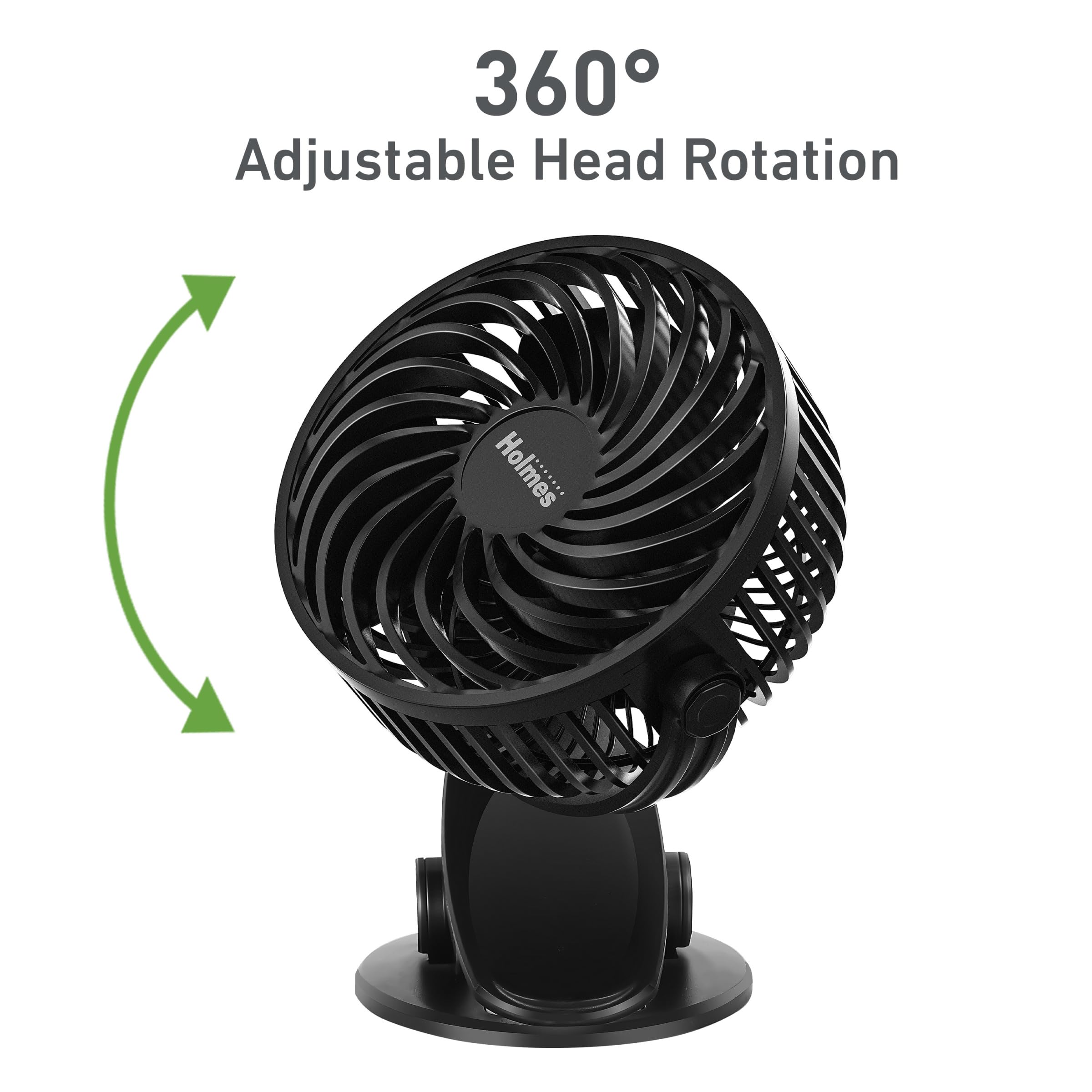 Holmes 4    On-The-Go Personal Fan With Clip - 3 Speed Settings, 360 Rotation, Rechargeable Battery, Usb-C Charging, Compact & P