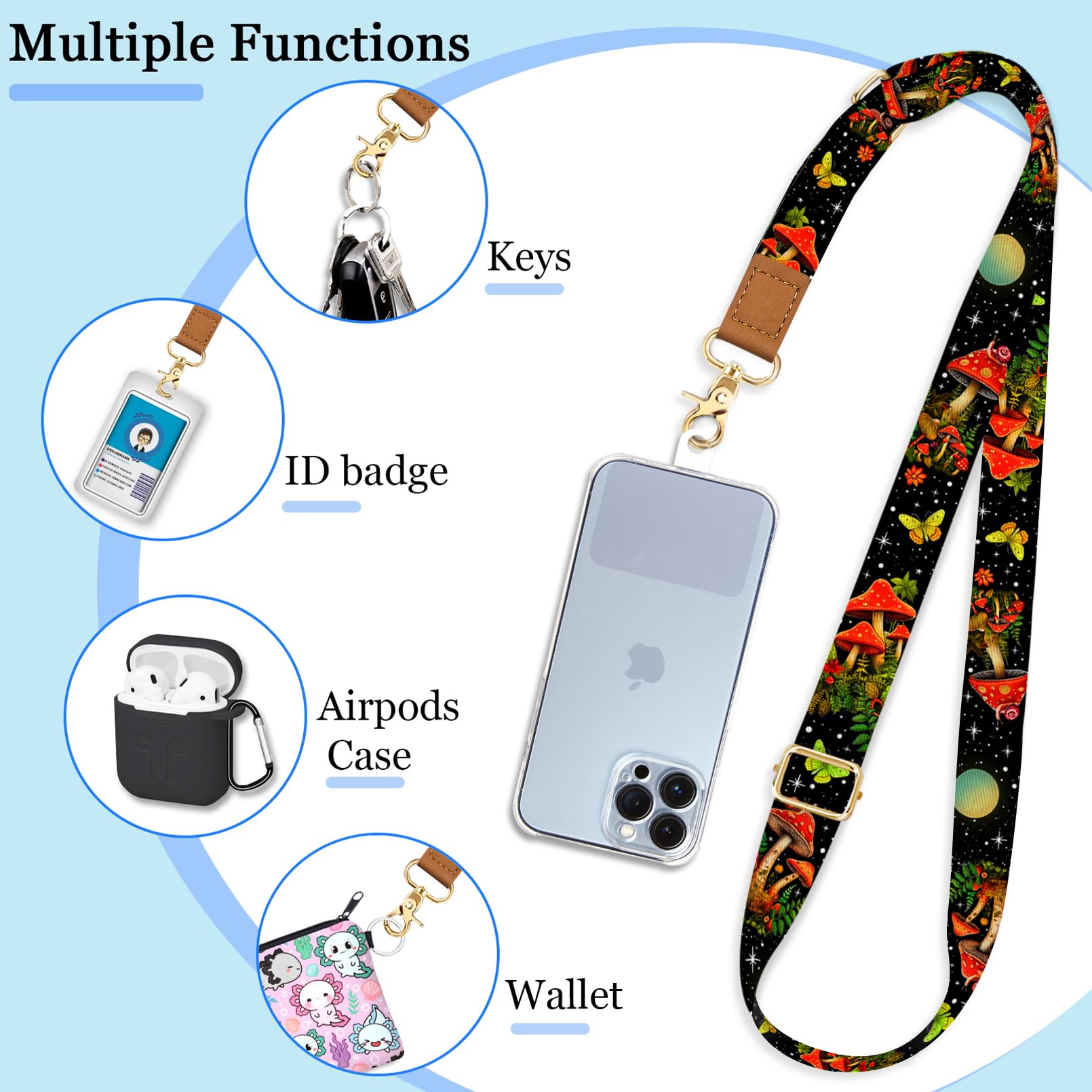 Yonlevres Cell Phone Lanyard Crossbody With Wrist Strap, Mushroom Butterfly Phone Lanyards For Around The Neck Wristlet Adjustab