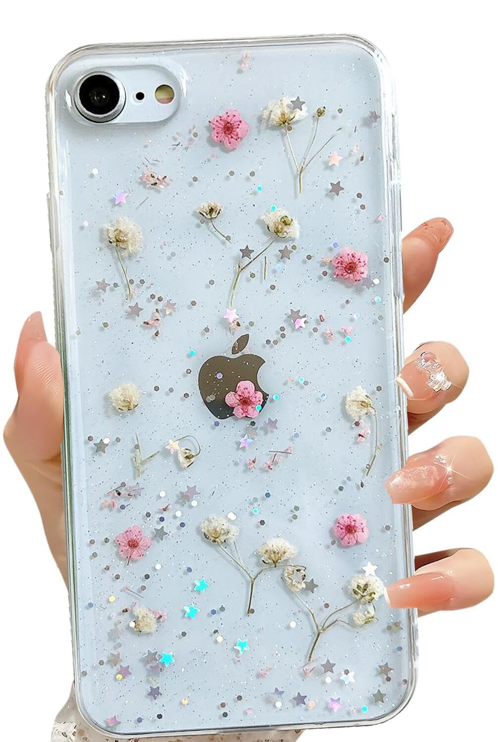 Lseeka For Iphone Se 2022/ Se 2020/8/7 Clear Case With Pressed Real Flowers Design,Glitter Cute Pink Floral Pattern Slim Soft Tp