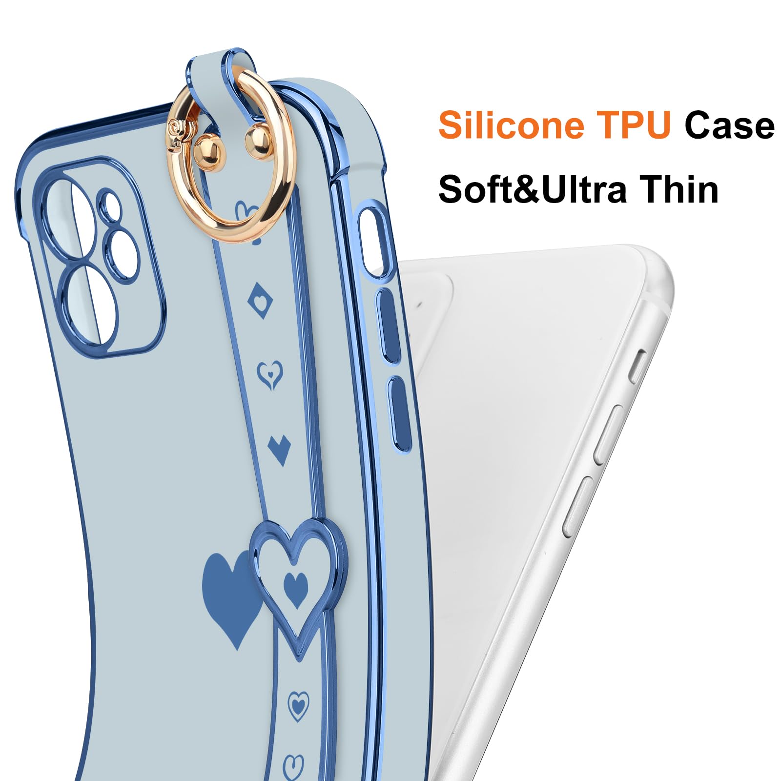 Llz.Coque For Iphone 11 Case Cute Love Heart Plating Strap Phone Cover For Women Girls Bling Soft Silicone Camera Lens Protectio