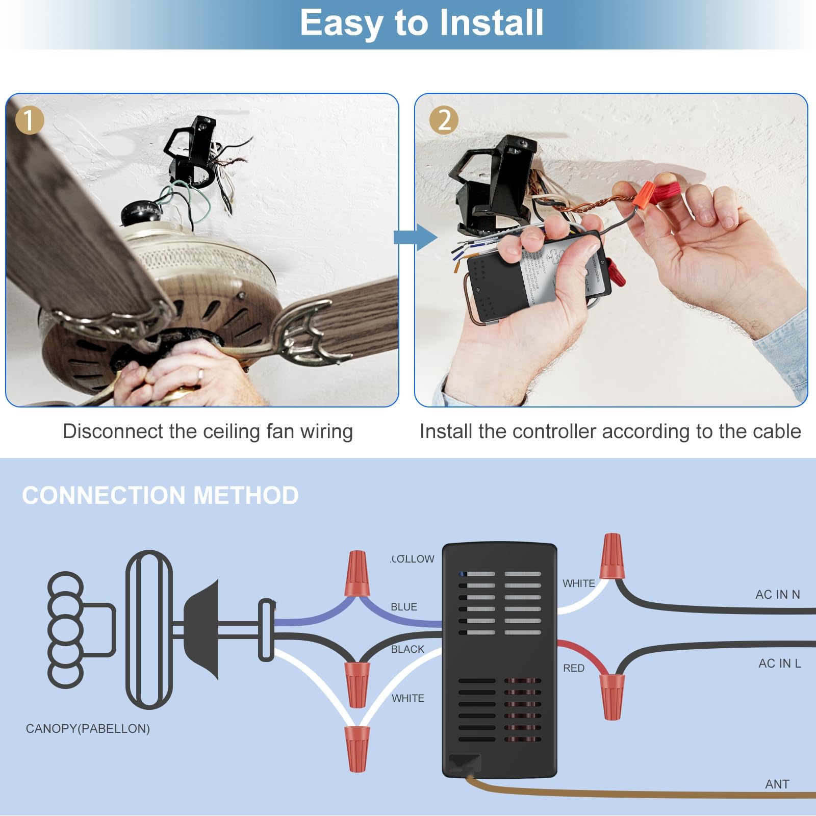 Universal Ceiling Fan Remote Control Kit Dimmable Replacement For Hampton Bay Harbor Breeze 99122 99123 99600, 3 Speed, With Sel