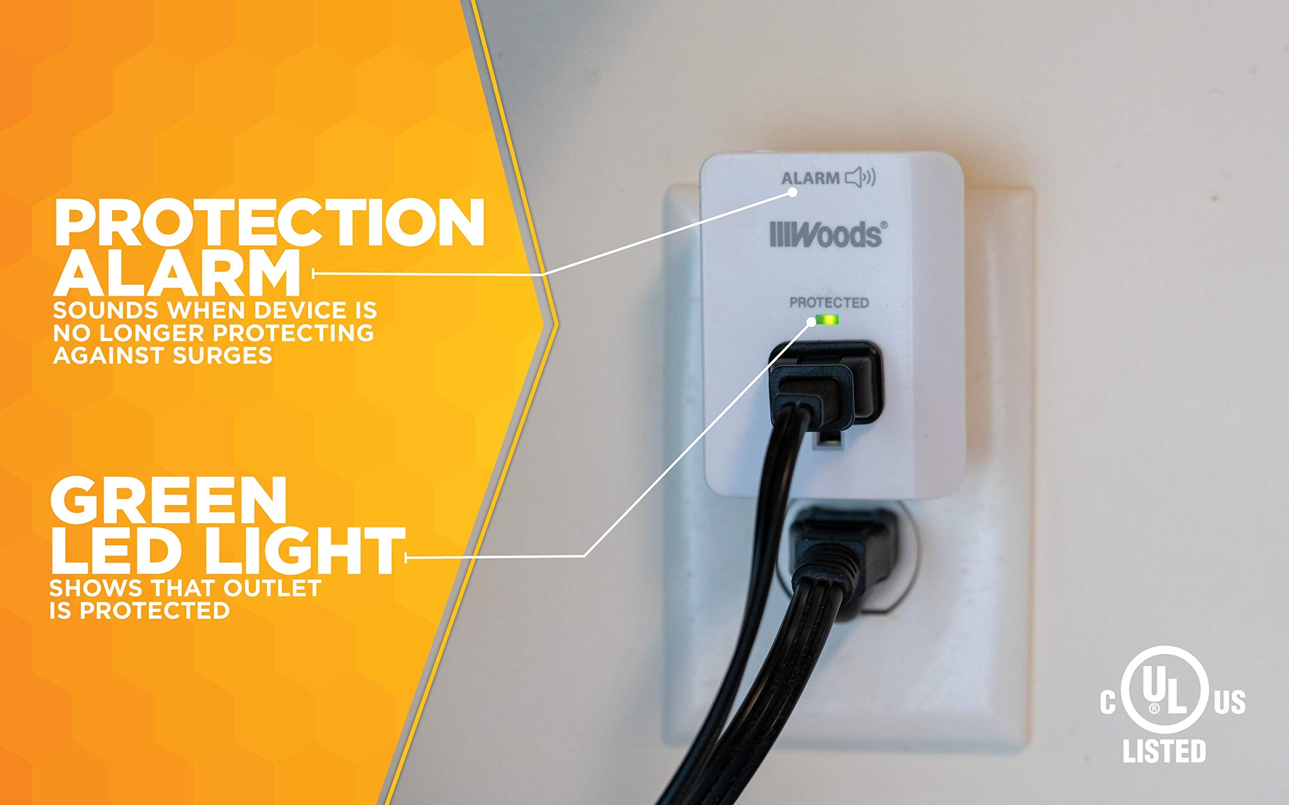 Woods 41008 Surge Protector One 3 Prong Power Outlet Led Indicator Light And Alarm, 1080J, White