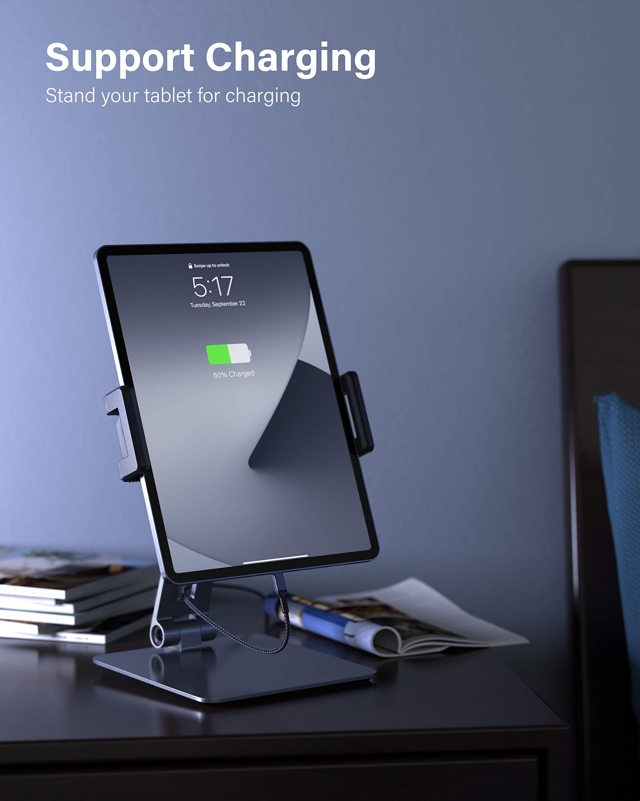 Maxonar Ipad Stand Holder, Heavy Duty Aluminum Alloy Tablet Stand, 360� Swivel Foldable Ipad Pro Air Charging Stand Holder For Desk Bed Store Pos Showcase Reception Kitchen Office (6 13''), Grey