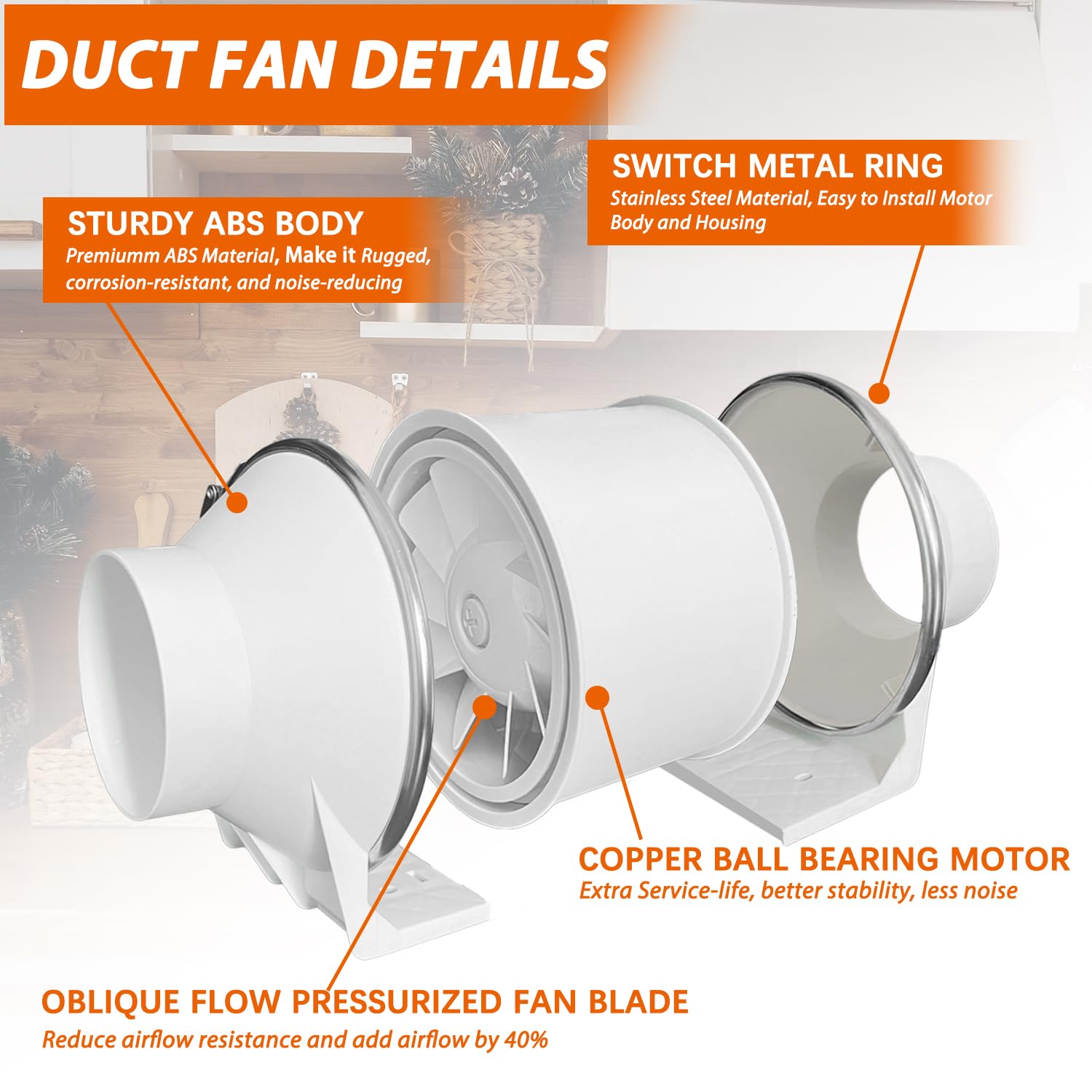 Camnwamn 6 Inch Duct Fan, 75W High Efficiency Inline Exhaust Fan, 390 Cfm Duct Intake Fan, Flow Ventilation System Exhaust Air F
