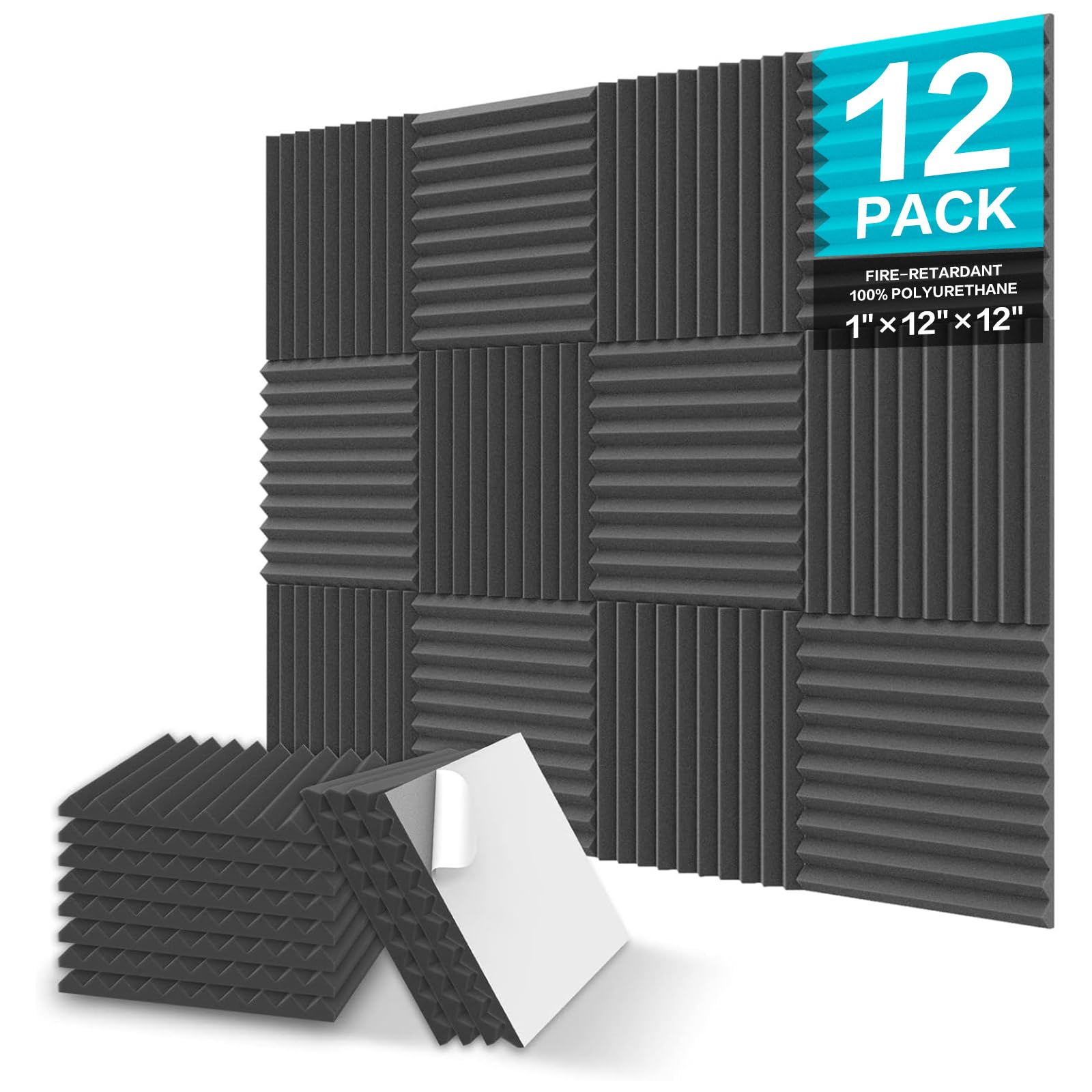 Jber 12 Pack Sound Proof Foam Panels, 1'' X 12'' X 12'' Self Adhesive Acoustic Foam Panels, Acoustic Panels Wedges High Density,
