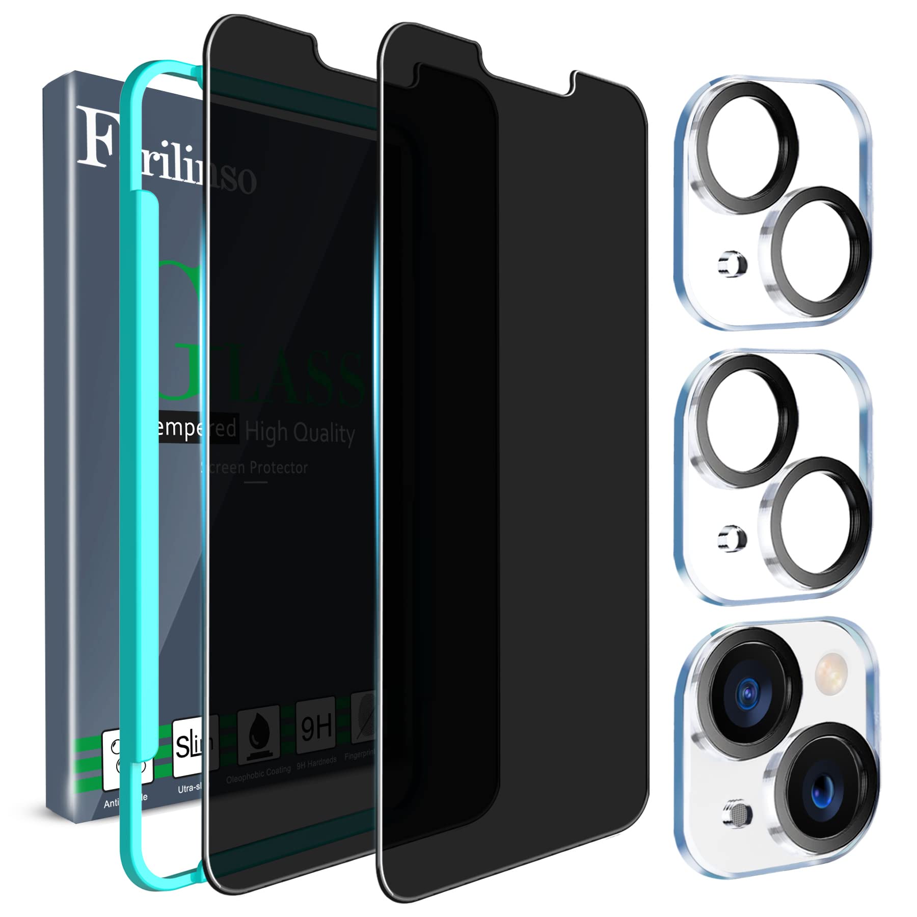 Ferilinso For Iphone 13/ 14 Privacy Screen Protector 2 Pack 9H Anti Spy Tempered Glass Privacy Screen With 2 Pack Camera Lens Pr