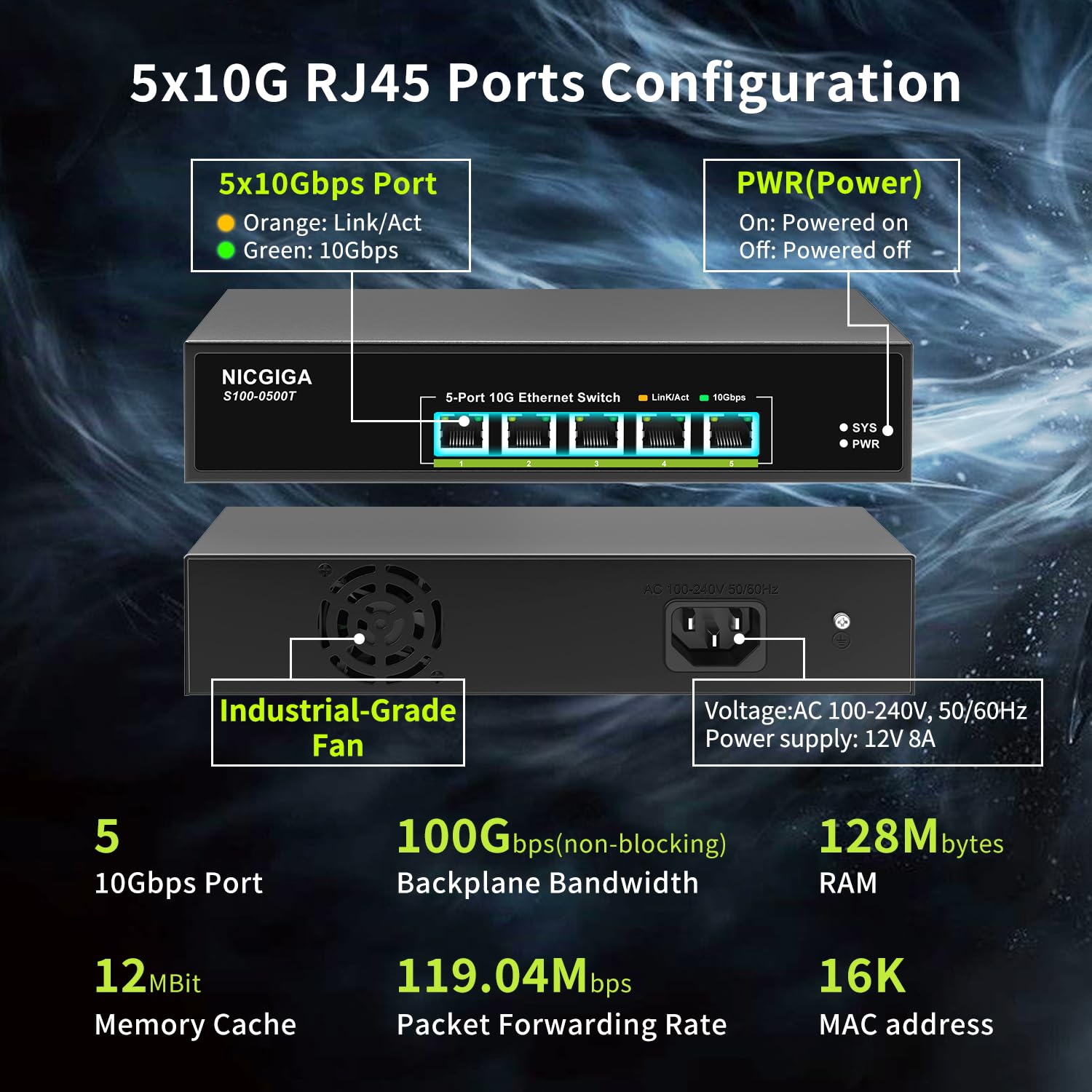 5 Port 10G Ethernet Switch Unmanaged,With 5X 10Gb Base T Rj45 Ports, Nicgiga 10Gbps Network Switch Easy For 10G Nas,Pc,Wifi7 Rou