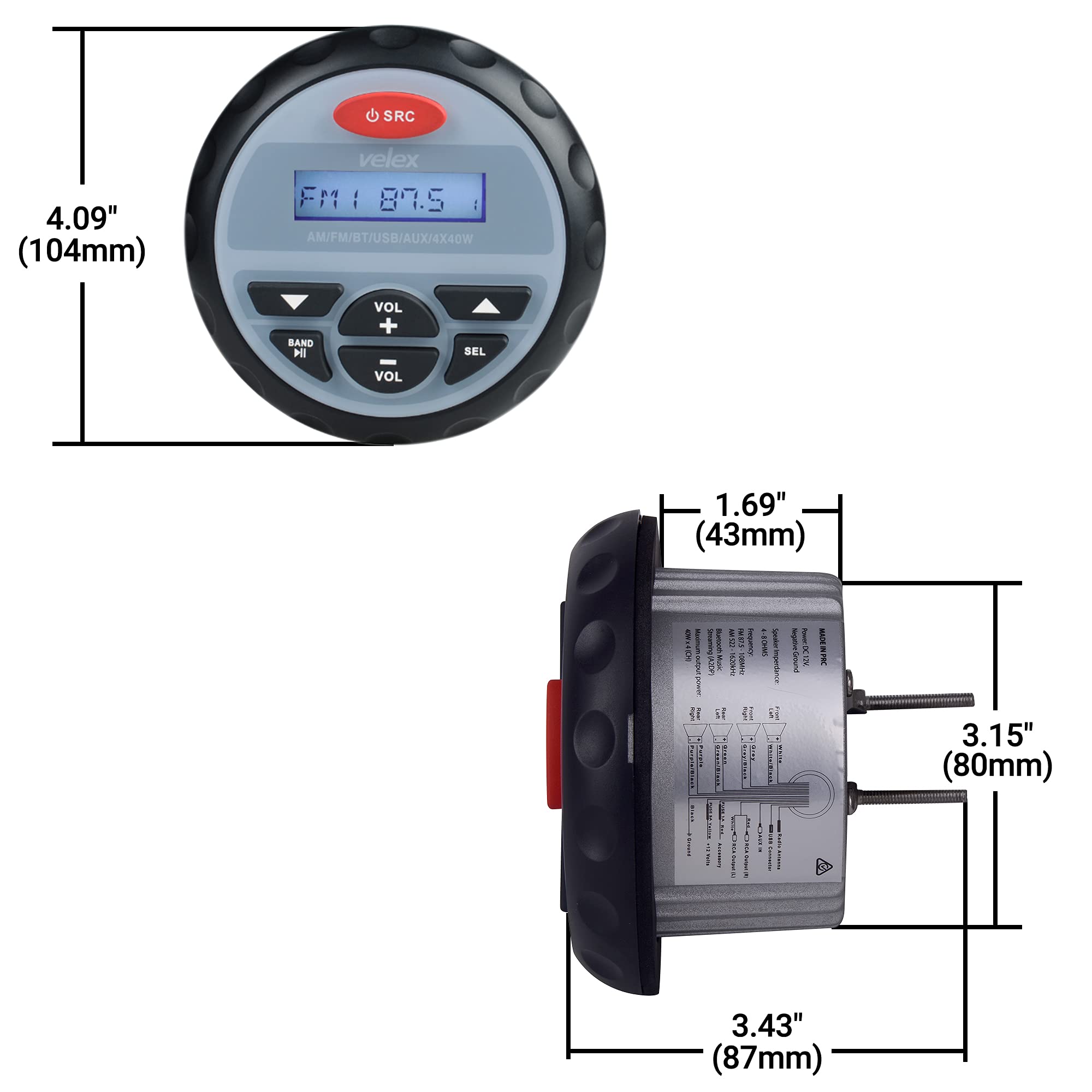 Velex Marine Stereo, In Dash, Marine Gauge, Bluetooth, Digital Media Mp3 / Wma/Usb/Am/Fm Weather Proof Marine Stereo, (No Cd Pla