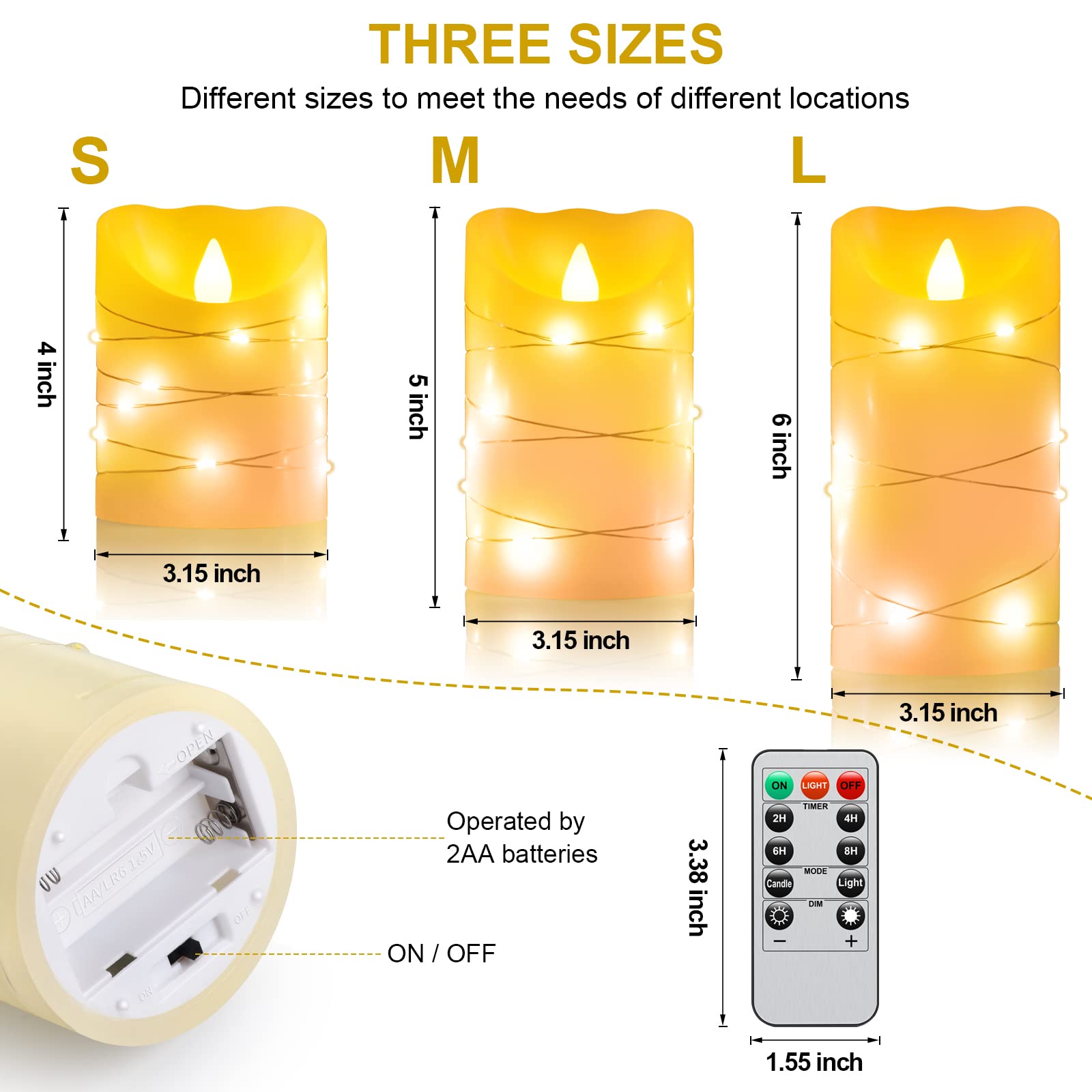 Flameless Battery Operated Led Candles With 11 Key Remote Control 24 Hour Timer Set Of 3, With Embedded String Lights Electric F