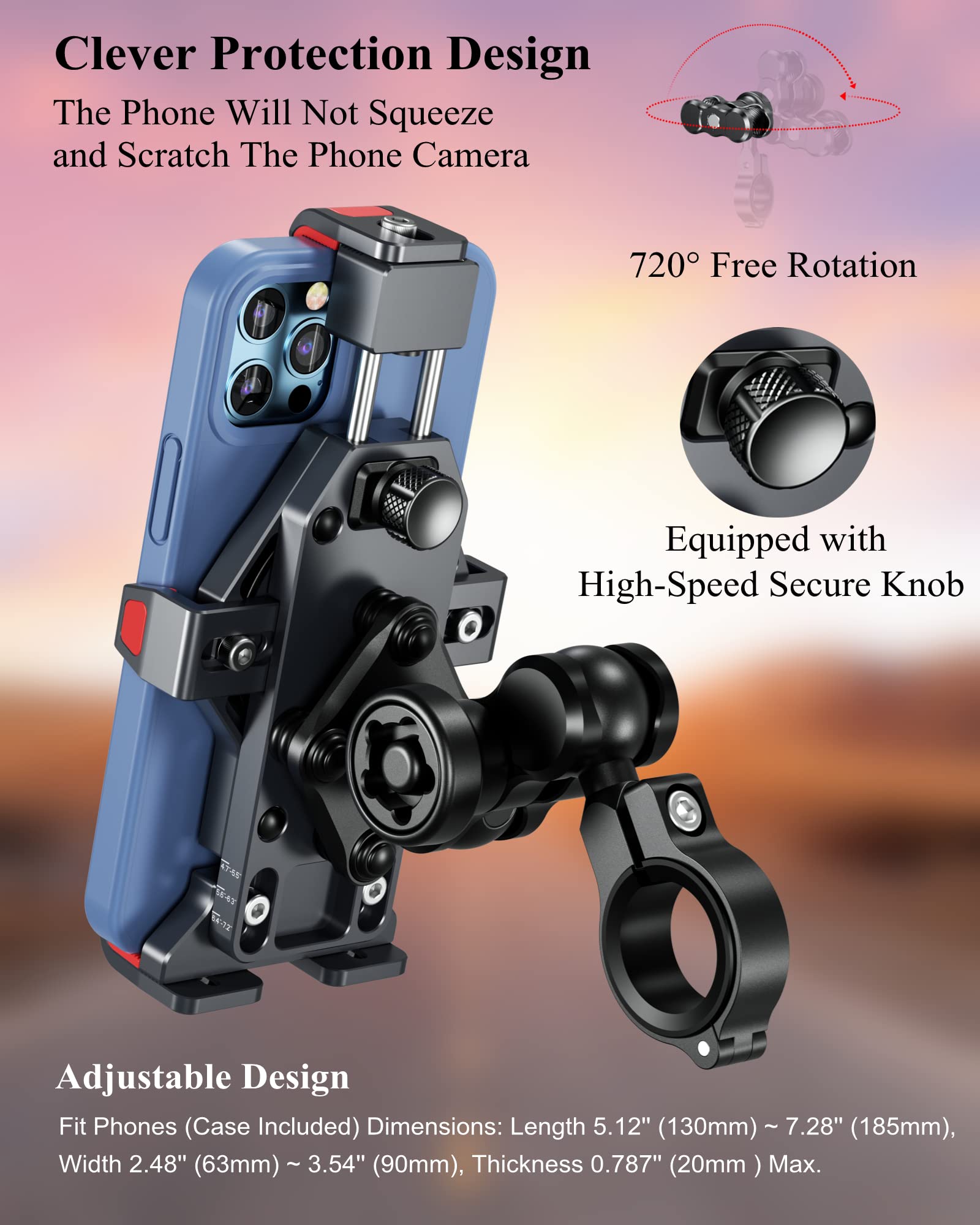 Brcovan Aluminum Alloy Motorcycle Phone Mount With Vibration Dampener & High Speed Secure Lock, Anti Theft Handlebar Cell Phone Holder For Motorcycle Bike Bicycle Scooter Atv, For 4.7'' 7.2'' Phone