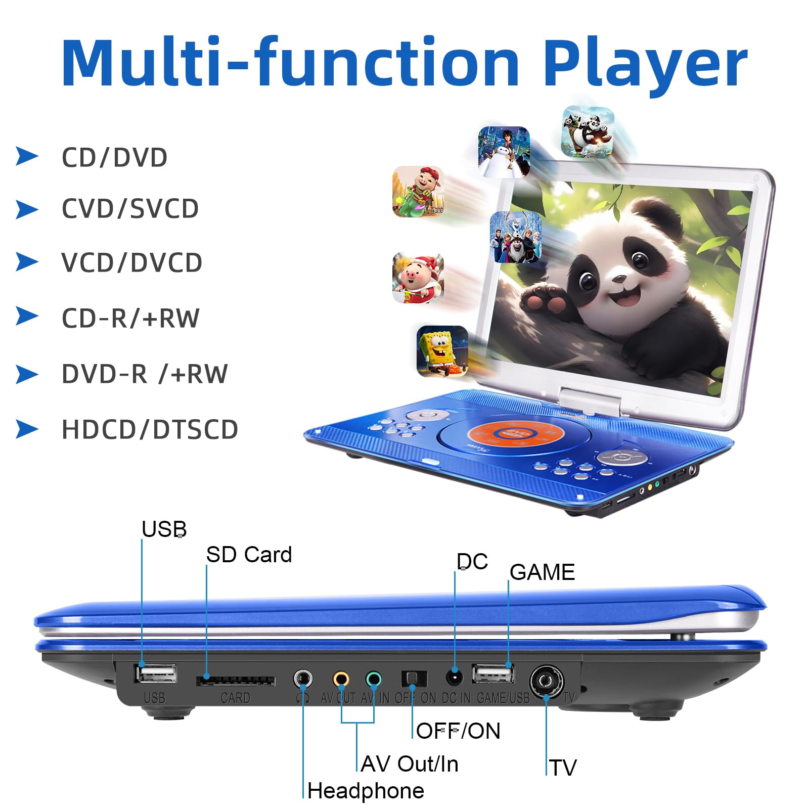 16.9'' Portable Mobile Dvd Player With 14.1'' Large Swivel Screen With 6 Hrs Rechargeable Battery For Kids, Sync Tv, Support Usb