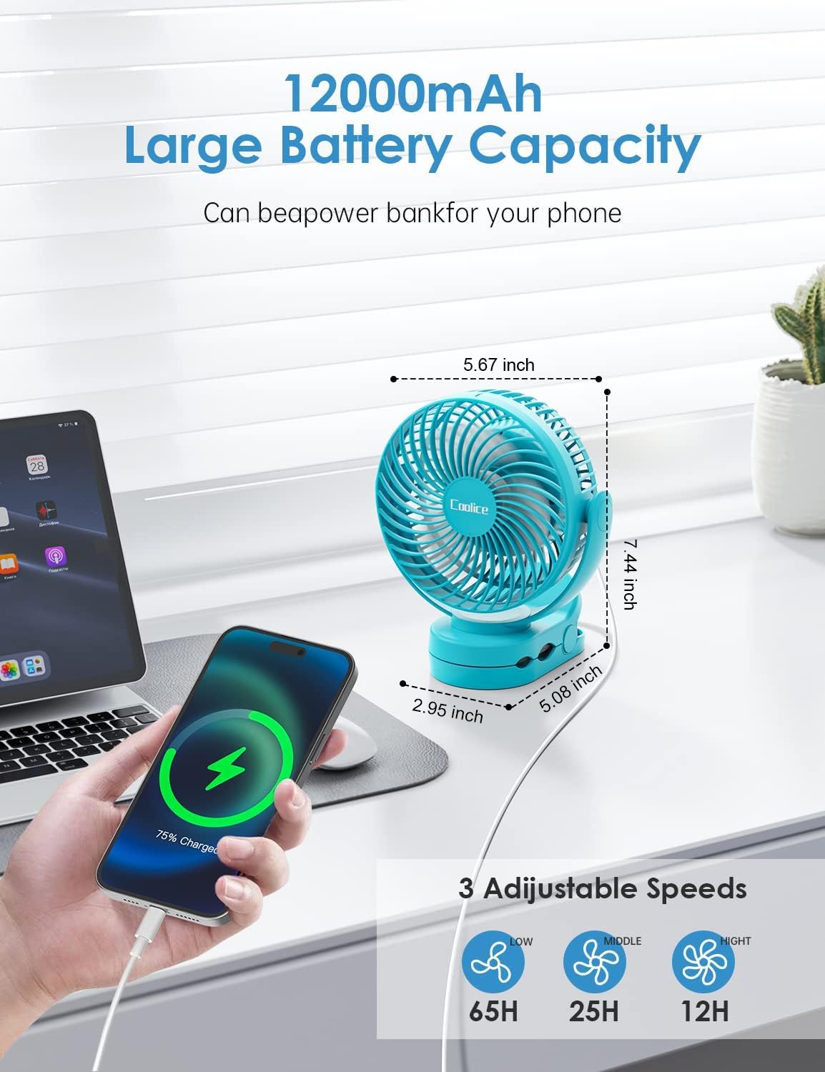 Camping Fan With Remote Control - 12000Mah Rechargeable Battery Powered Fan, Camping Fans For Tents With Led Light & Hanging Hoo