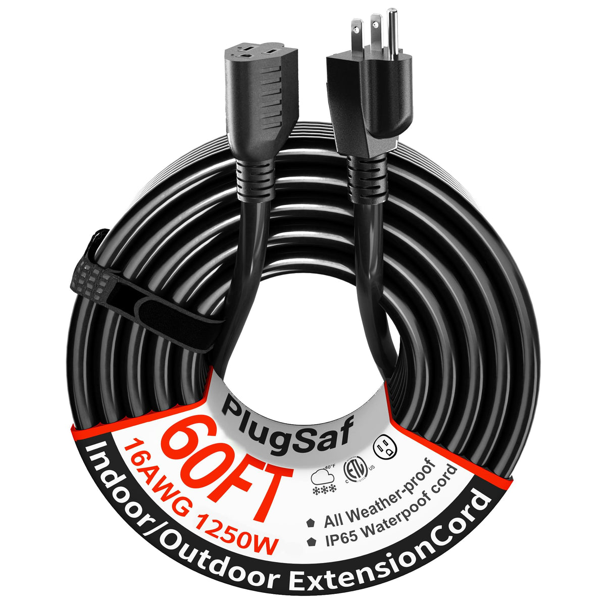 Plugsaf Black Outdoor Extension Cord 60 Ft 16/3 Gauge Waterproof, Cold Weatherproof  58?F, Flame Retardant, Flexible 3 Prong Hea