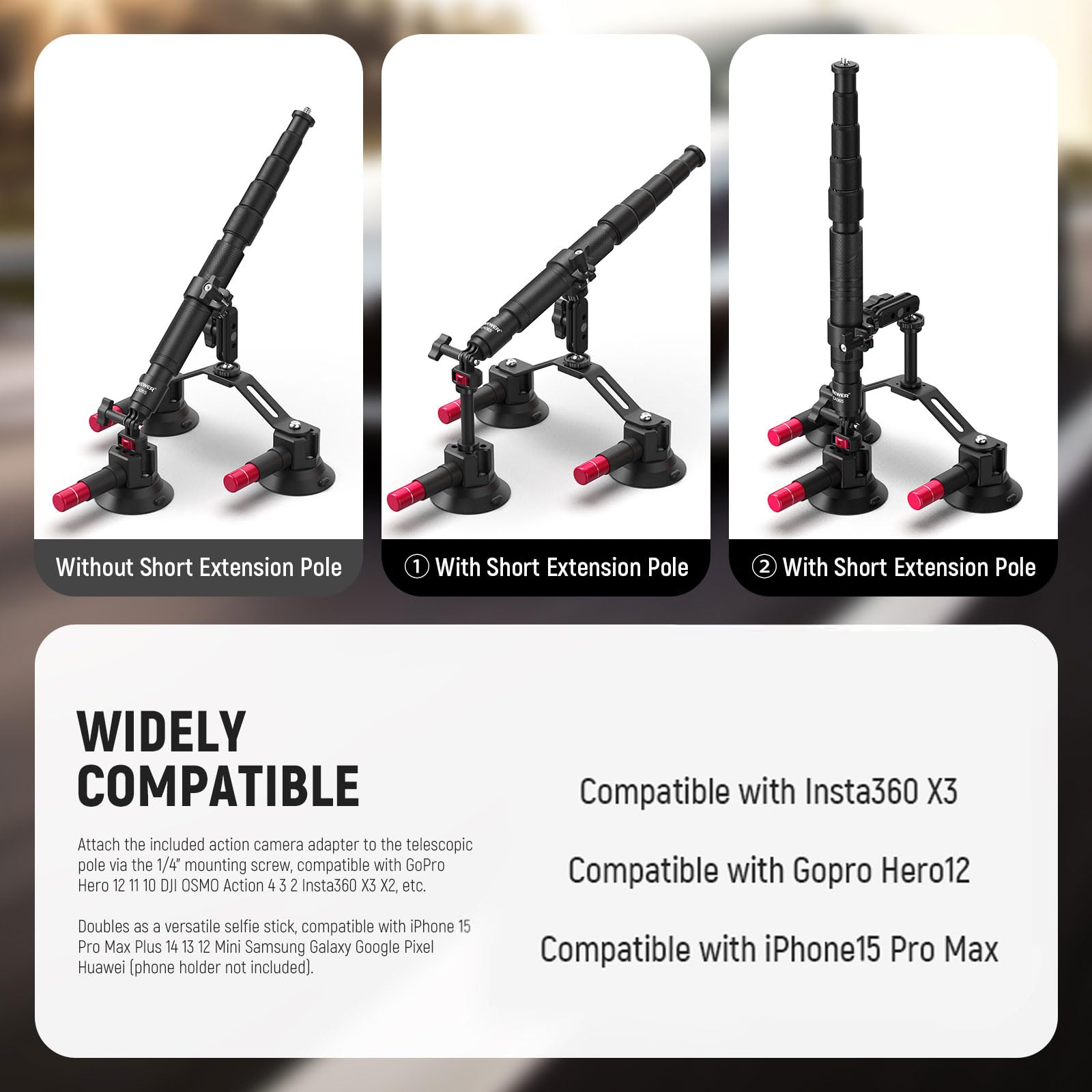 Neewer Triple Suction Cup Car Mount Kit With 2In1 Extension Pole/Selfie Stick, Quick Release Outside Windshield Magic Arm Camera