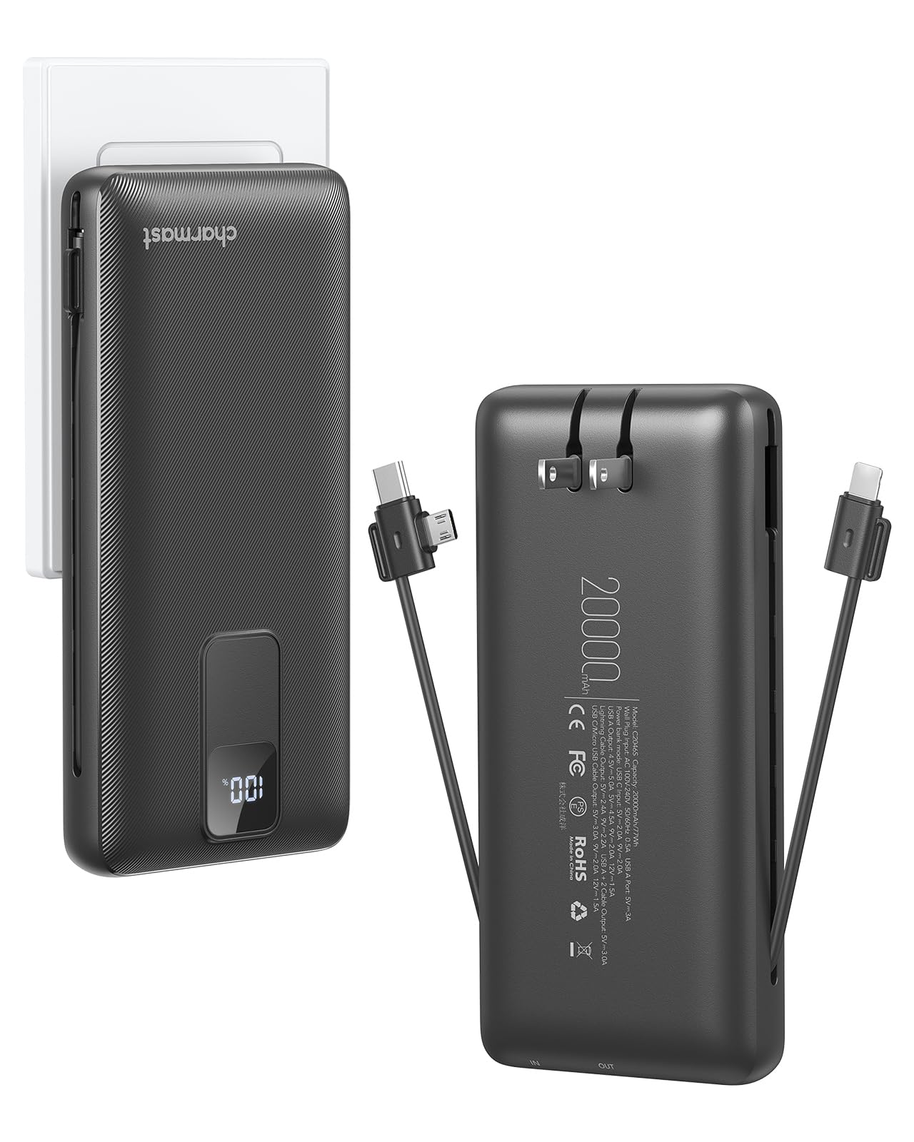 Charmast Portable Charger with Built-in Cables and Wall Plug, 20000mAh 20W USB C Power Bank Fast Charging Battery Pack Compatibl