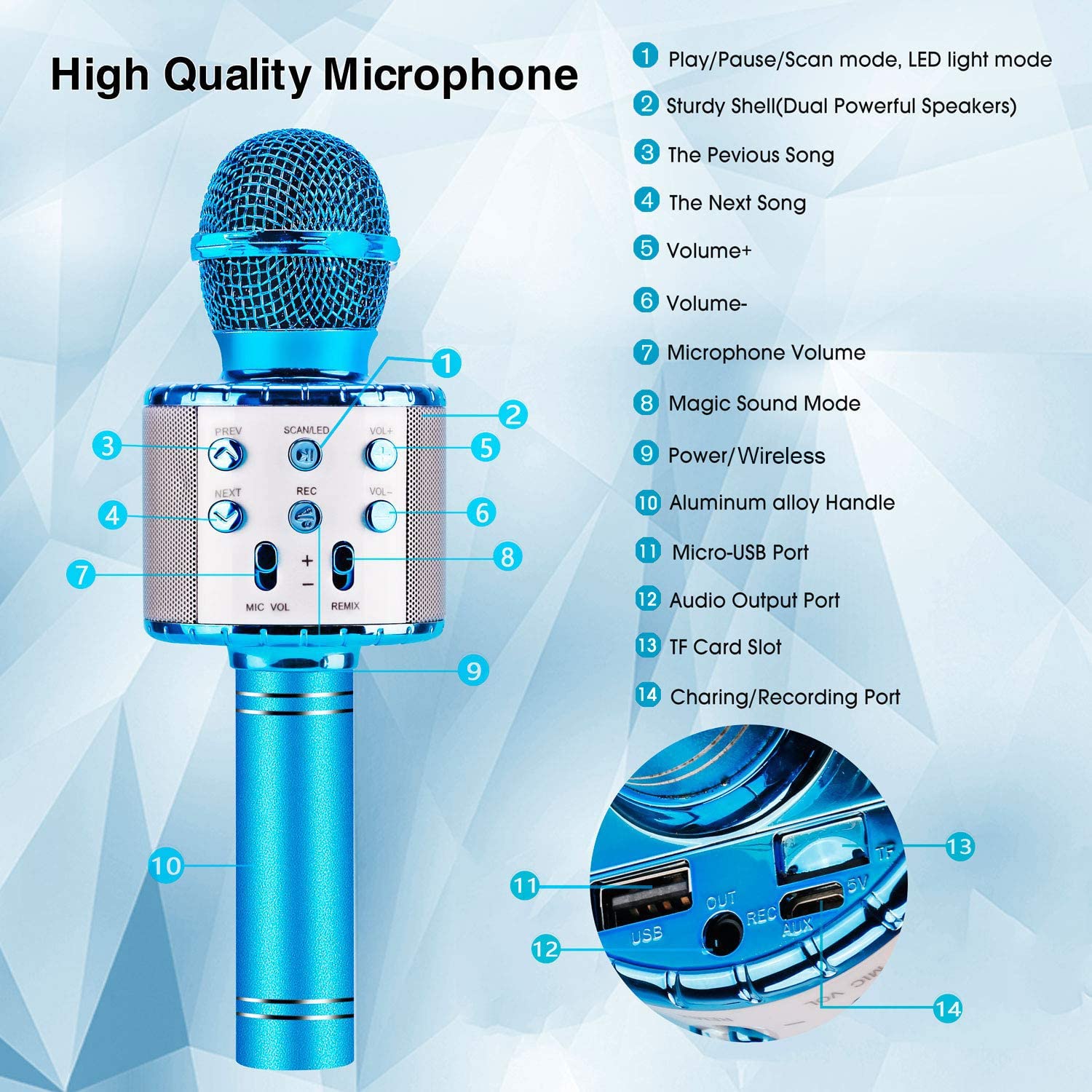 Bluefire 4 In 1 Karaoke Wireless Microphone With Led Lights, Portable Microphone For Kids, Great Toys For Kids, Girls, Boys And