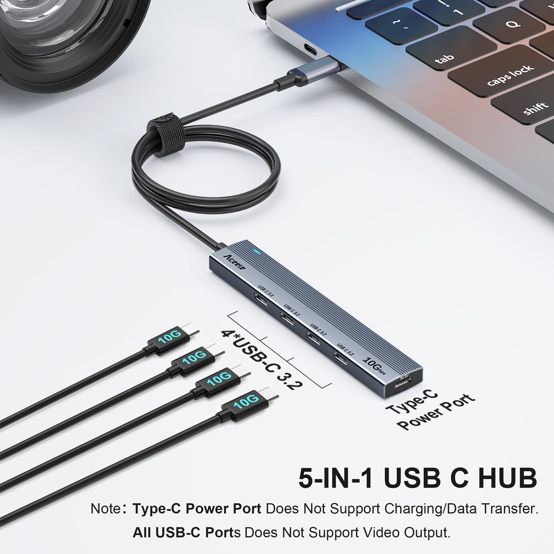 Aceele Usb C Hub 10Gbps, 4 Port Usb 3.2 Gen 2 Hub, Usb C To Usb C Hub With Type-C Power Port, 2Ft Extension Long Cable Usb C Ada