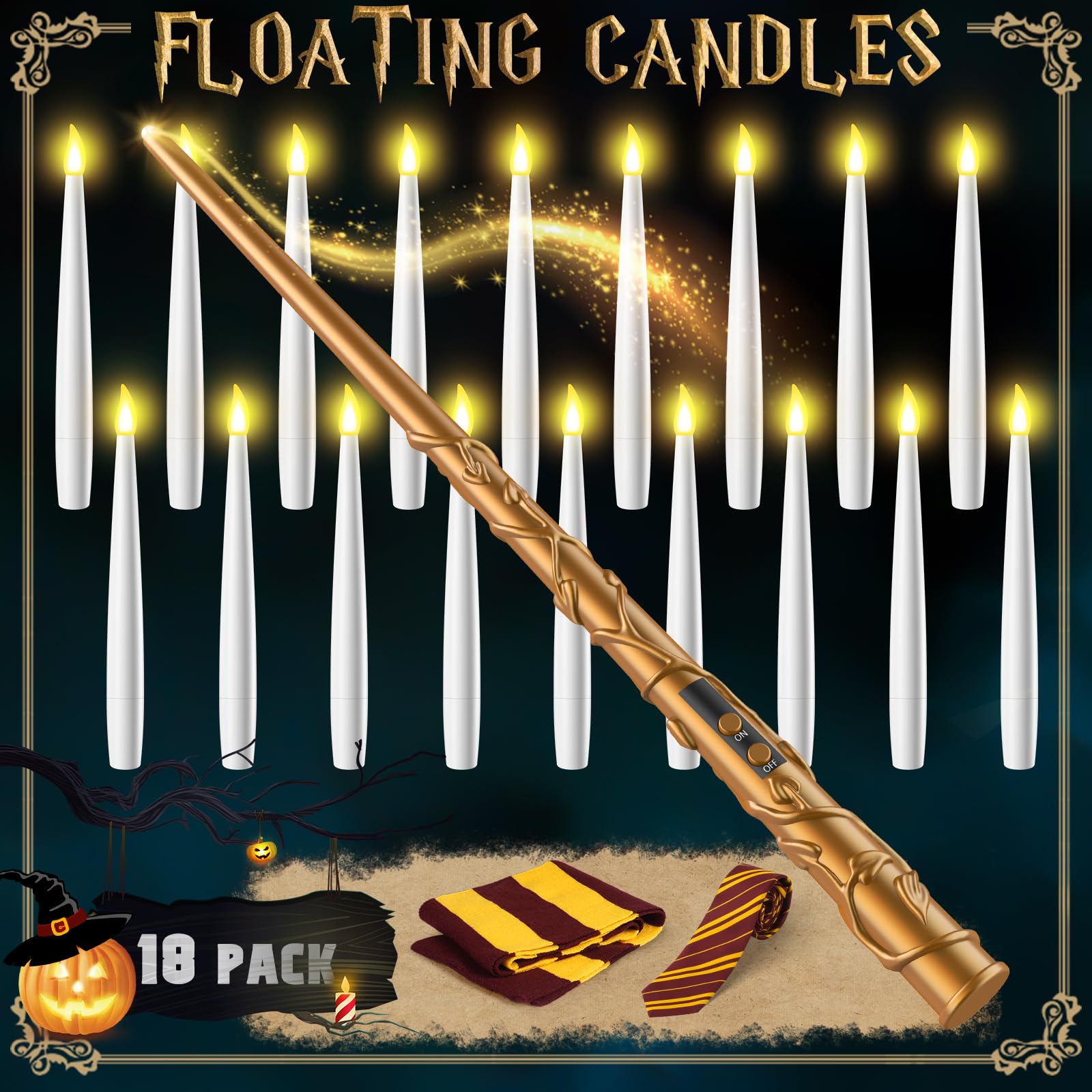 Tlpuhu Halloween Floating Candles 18 Pcs   Magical Flameless Candles With Wand Flickering Warm Lights Ideal For Indoor Window Be