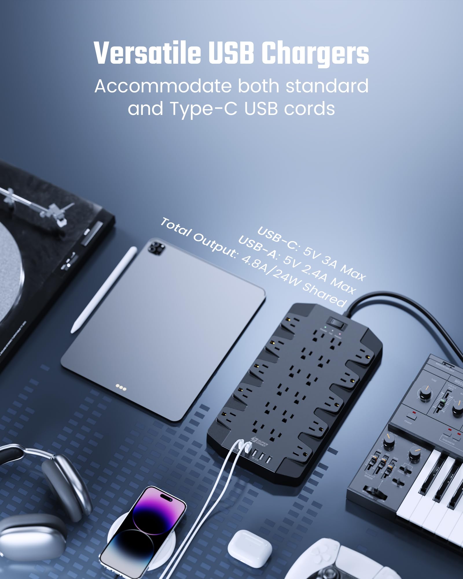 15 Ft Extension Cord Power Strips With Surge Protection, Superdanny Surge Protector With 22 Outlets, 2 Usb C And 4 Usb A, 2100J,