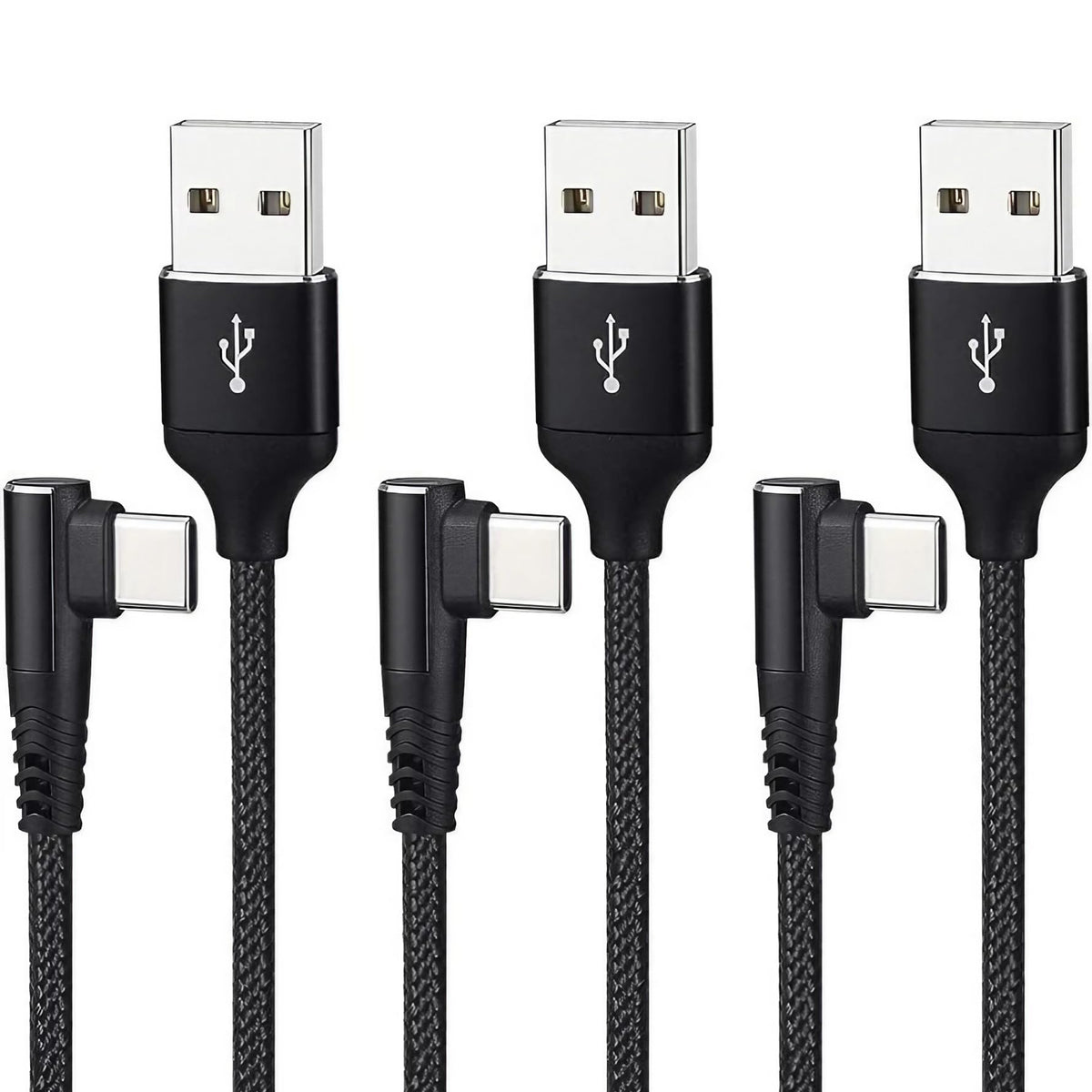 Usb C To Usb A Cable 3 Pack 6Ft   90� Right Angle L Shaped, Fast Charging And Data Sync Cord, Braided Durable Nylon, For Cell Phones, Tablets, And More   Black