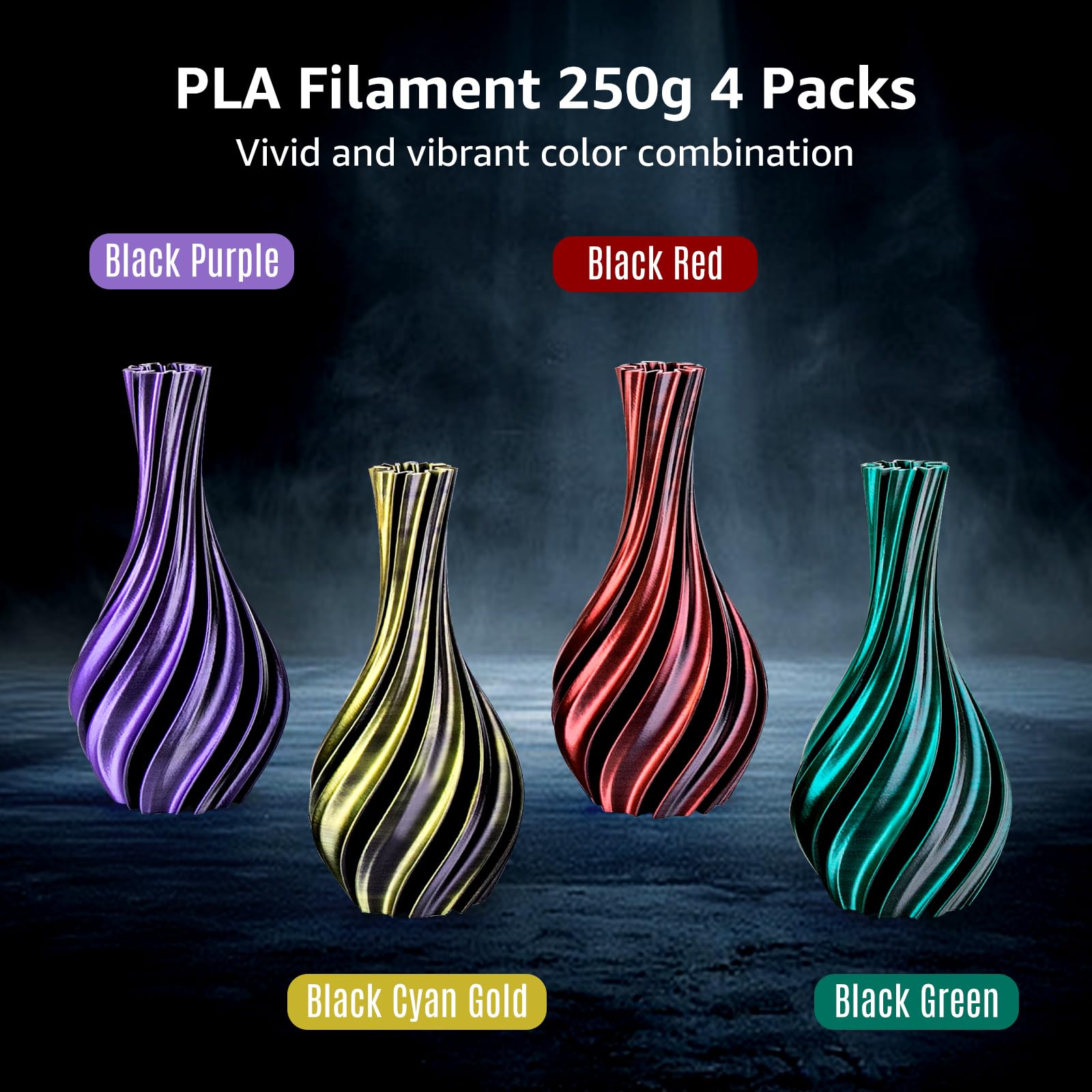 Dikale Silk 3D Printing Filament Pla+ Dual Color Black Series Bundle 4-Pack - 1.75Mm 3D Printing Pla Pro 250G (0.55Lbs) X 4 Spoo