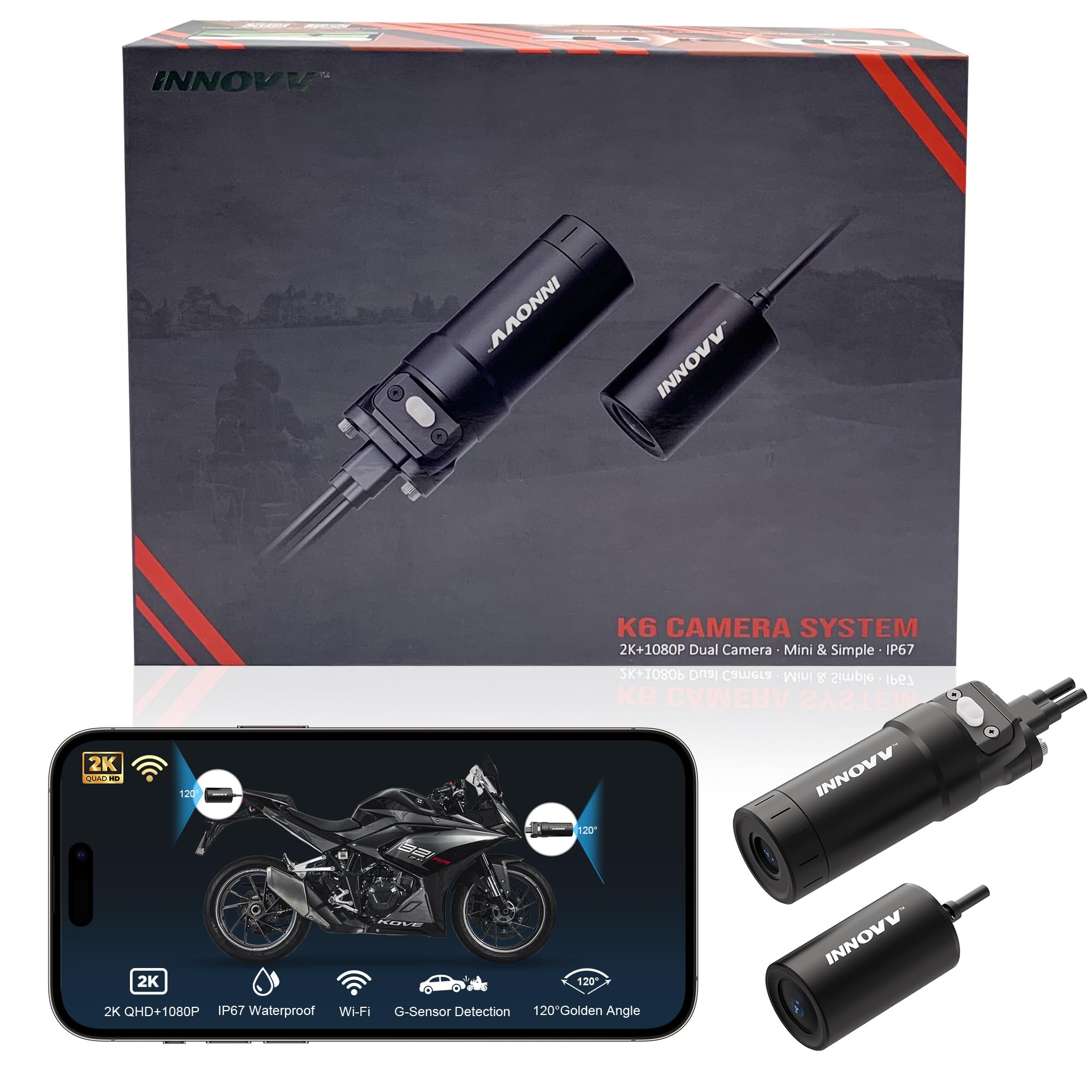 Innovv K6 Motorcycle Dash Cam Front And Rear 2K Qhd+1080P, Ip67 Waterproof Motorcycle Camera With Wi Fi, Collision G Sensor Dete