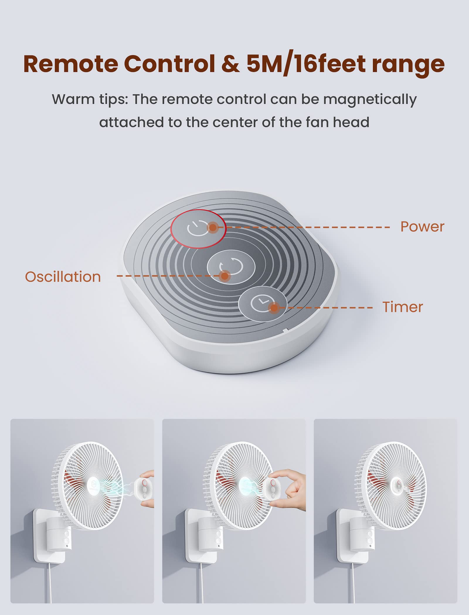 8.5-Inch Quiet Wall-Mounted Oscillation Fan With Remote & Timer, 4-Speed Adjustable For Small Bathrooms, Indoor Bedroom Cooling