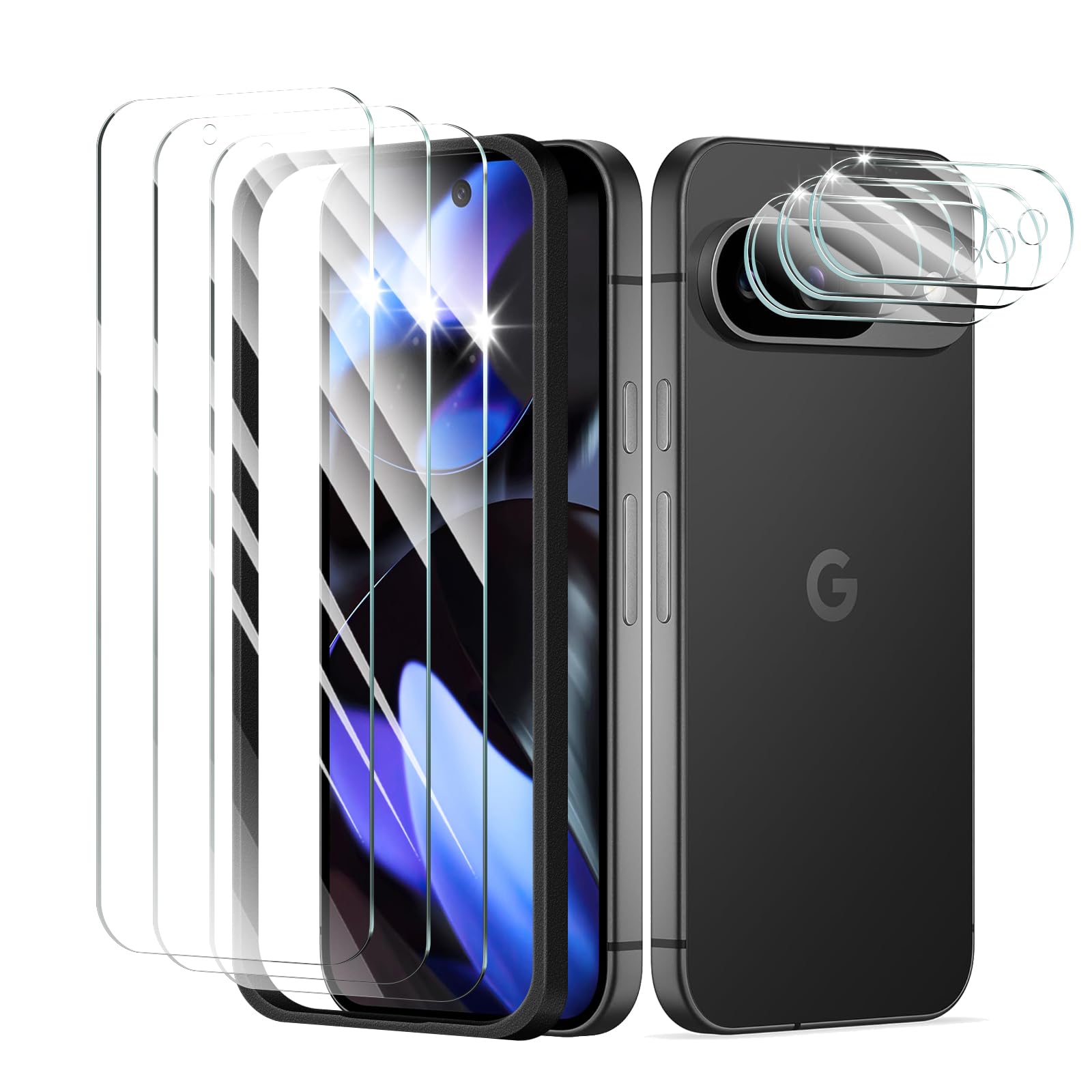 3+3+1-Pack, Screen Protector and Camera Lens Protector for Google Pixel 9 with Installation Alignment Aid, Tempered Glass Film, 