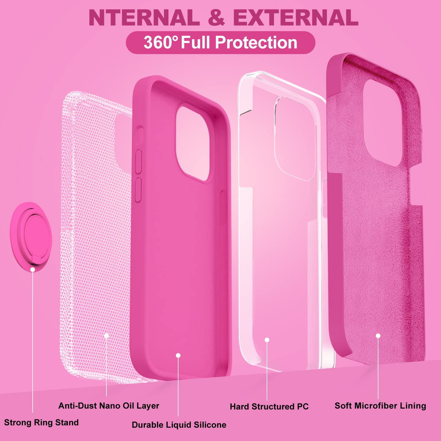 MOCCA iPhone 14 Pro Phone Case with Ring Stand Liquid Silicone Full-Body Anti-Scratch Microfiber Lining Pitaya 6.1inch