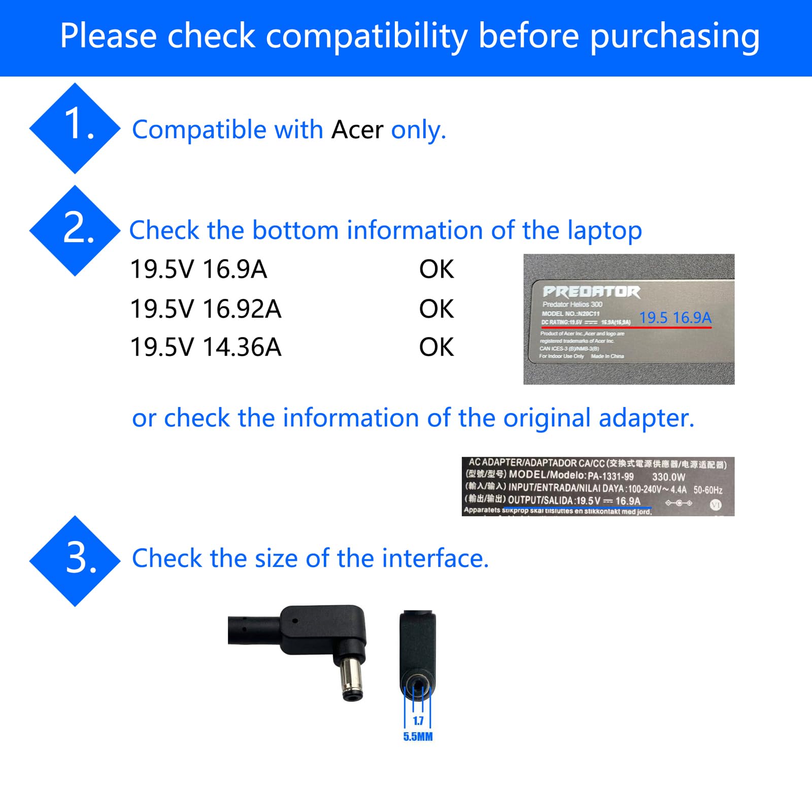 330W Ac Adapter 19.5V 16.92A Replacement A20 330P1A Compatible With Acer Predator Helios 300 N20C11 N20C3 N22C3 Laptop Charger