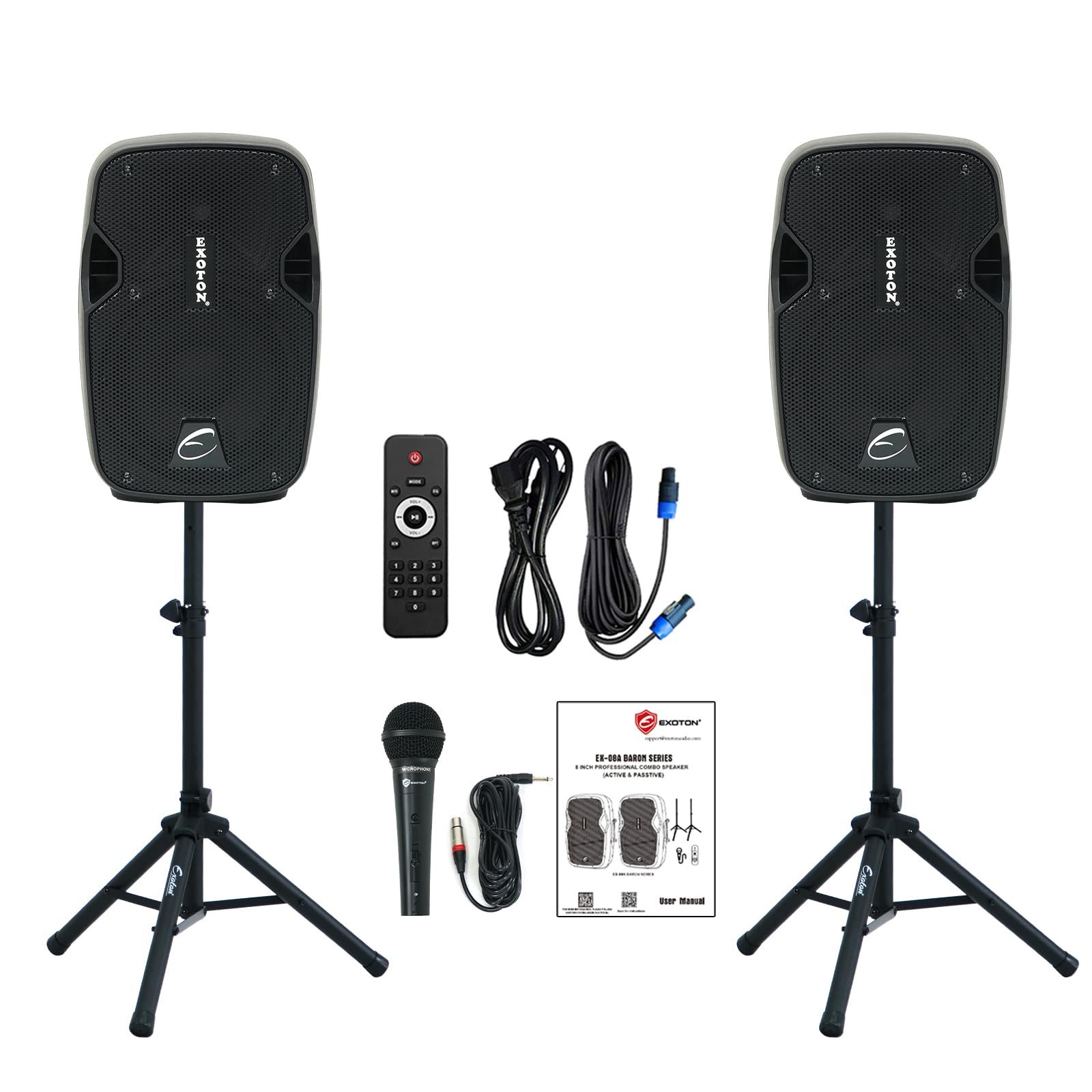 EXOTON EXOTON EX-08A 8 inch Professional Dual Powered PA Speakers, 2-Way Active&Passive Loudspeakers, PA System Combo Set with M