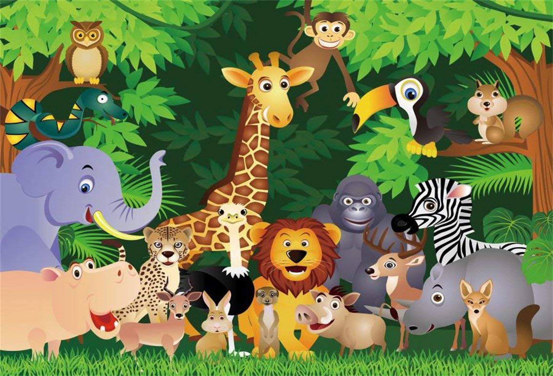 Csfoto 5X3Ft Wild Animals Safari Party Backdrop Forest Cartoon Giraffe Lion Elephant Jungle Theme Backdrop Monkey Birthday Backd