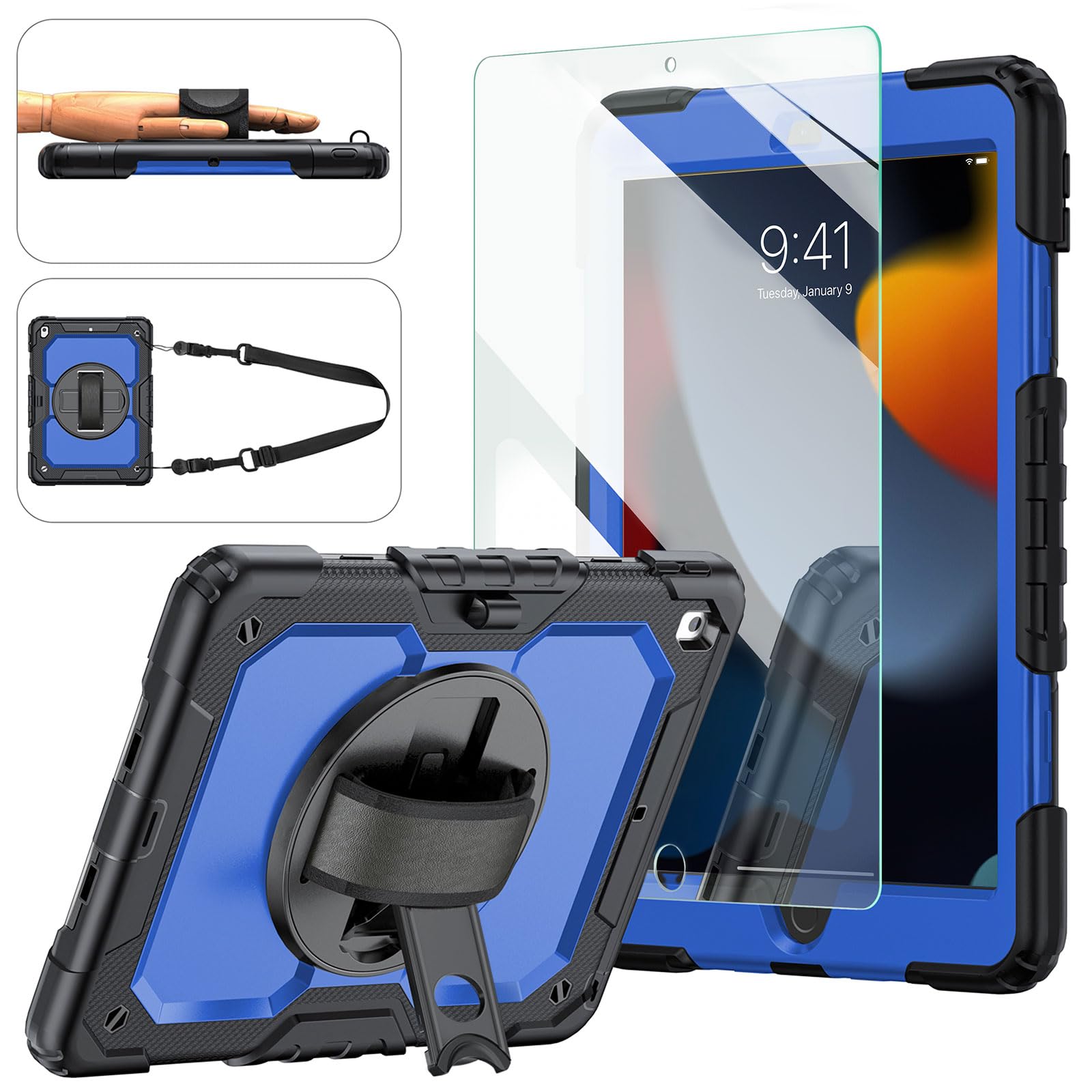 Ipad 9Th/8Th/7Th Generation Case, Ipad 10.2 Case 2021/2020/2019, [Rotatable Hand Strap/Kickstand] Ambison Full Body Protective Case With Tempered Glass Screen Protector, Pencil Holder (Blue & Black)