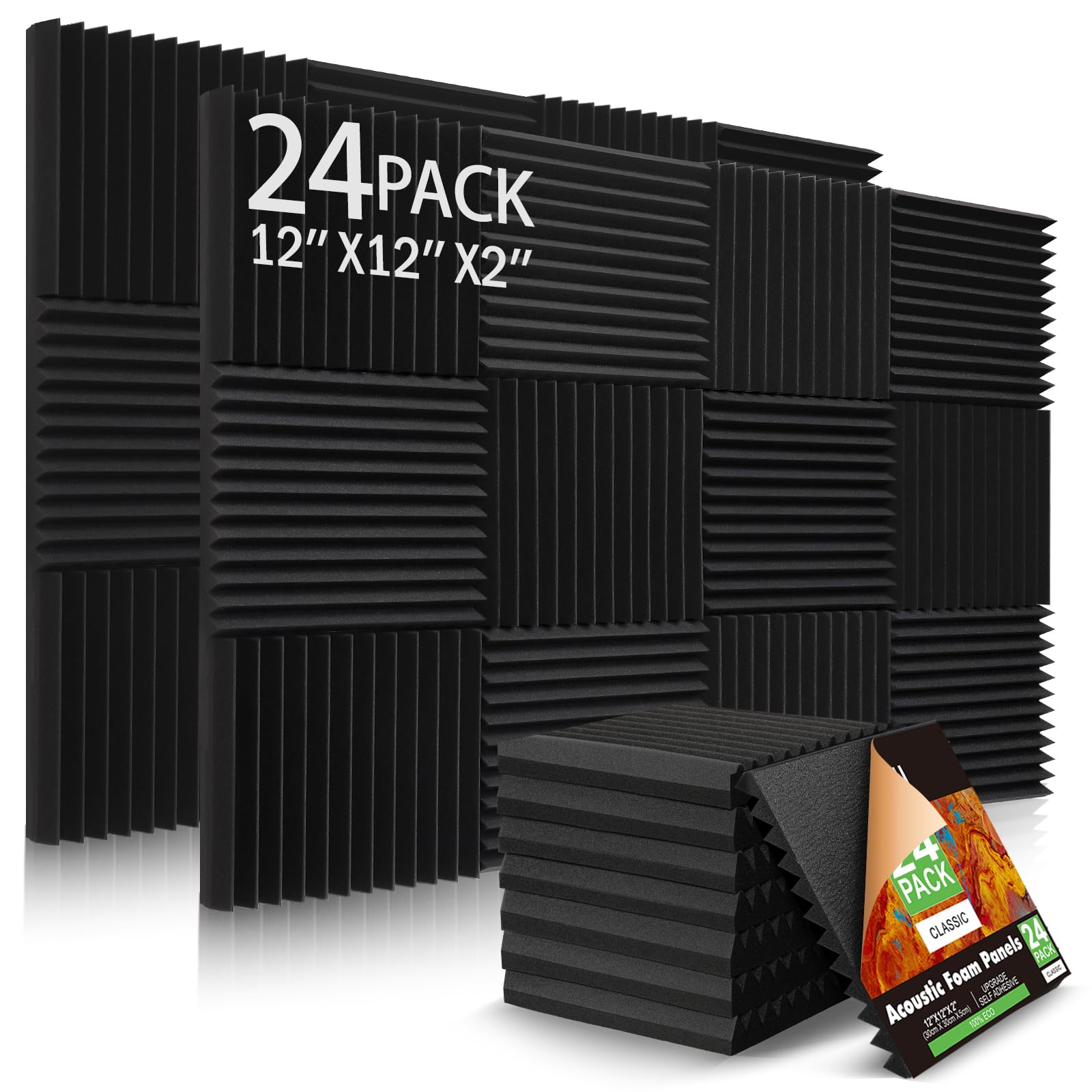 24 Pack Acoustic Panels Self Adhesive, 2'' X 12'' X 12'' Sound Proof Foam Panels, Quick Recovery Acoustic Foam Wedges,High Densi