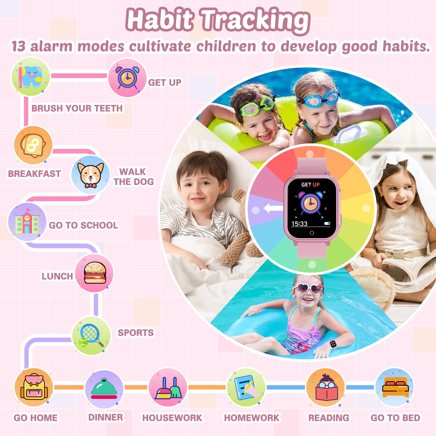 Waterproof Smart Watch For Kids Gift For Girls Age 5-12 With 32 Games, Dual Camera, Habit Tracking, Music Player, Video, Alarm C
