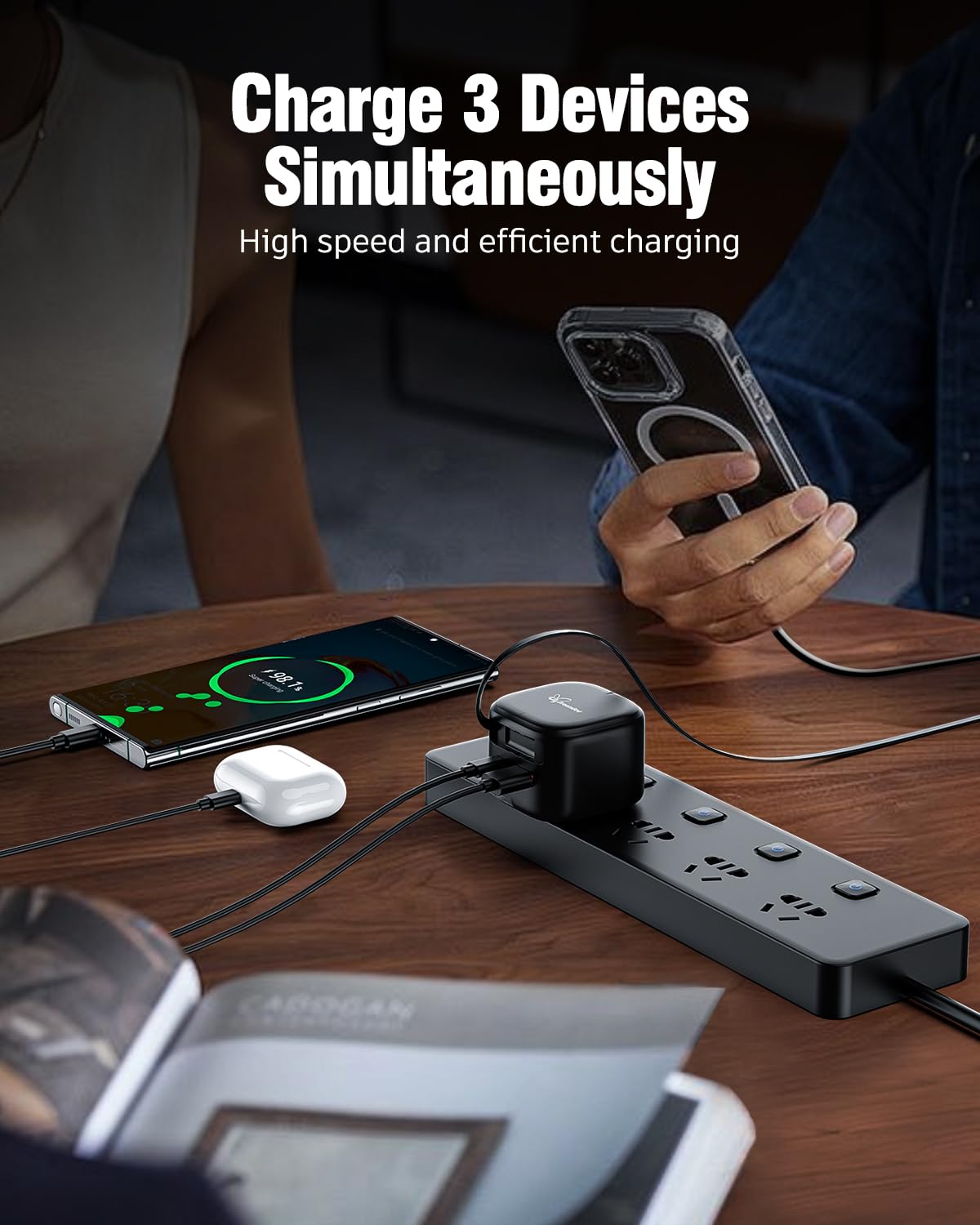 Dreambee Retractable Wall Charger, 3-Port Usb Charger With Retractable Type C Cable (39.4 Inch), 35W Fast Charging Travel Adapte