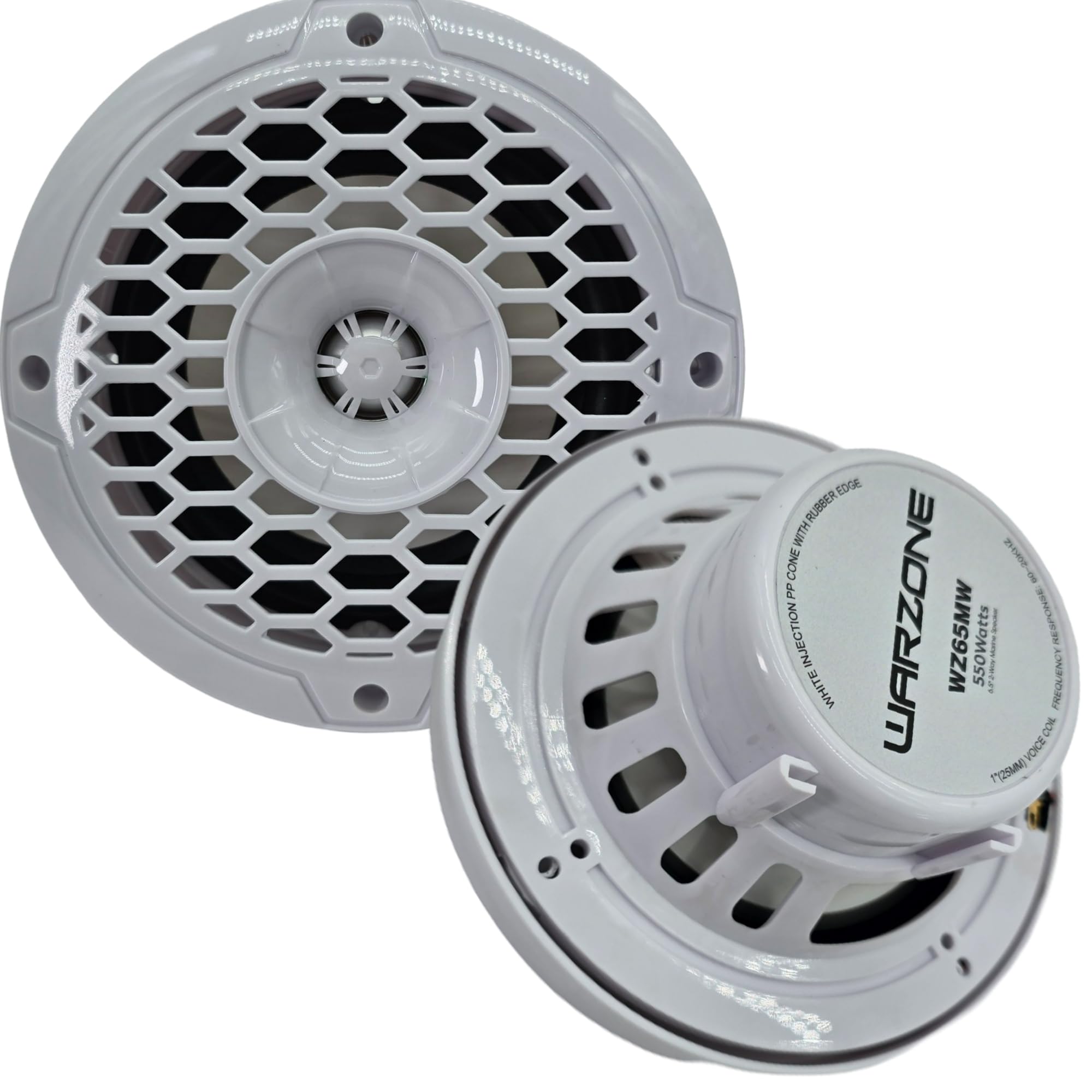 Warzone WZ65MW 6.5-Inch 2-Way Marine Speaker, 550W Max, 4 Ohms, 12oz Magnet, White Injection Cone with Rubber Edge for Boats and