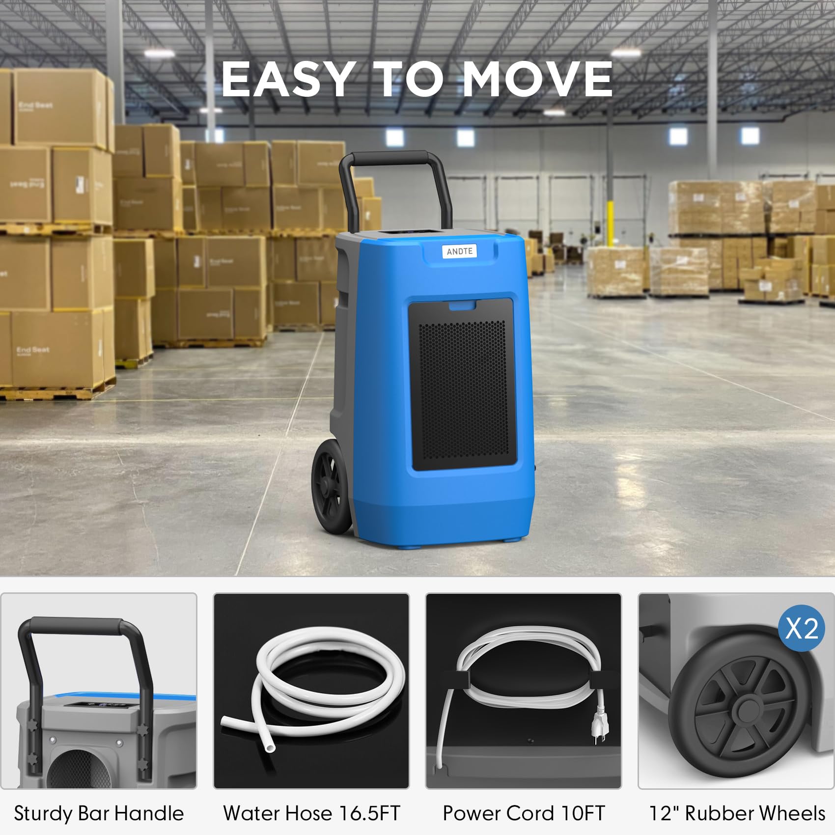 Andte 190 Pints Industrial Dehumidifiers With Pump,Commercial Dehumidifier With Drain Hose, Built In Pump,Handle And Wheels For